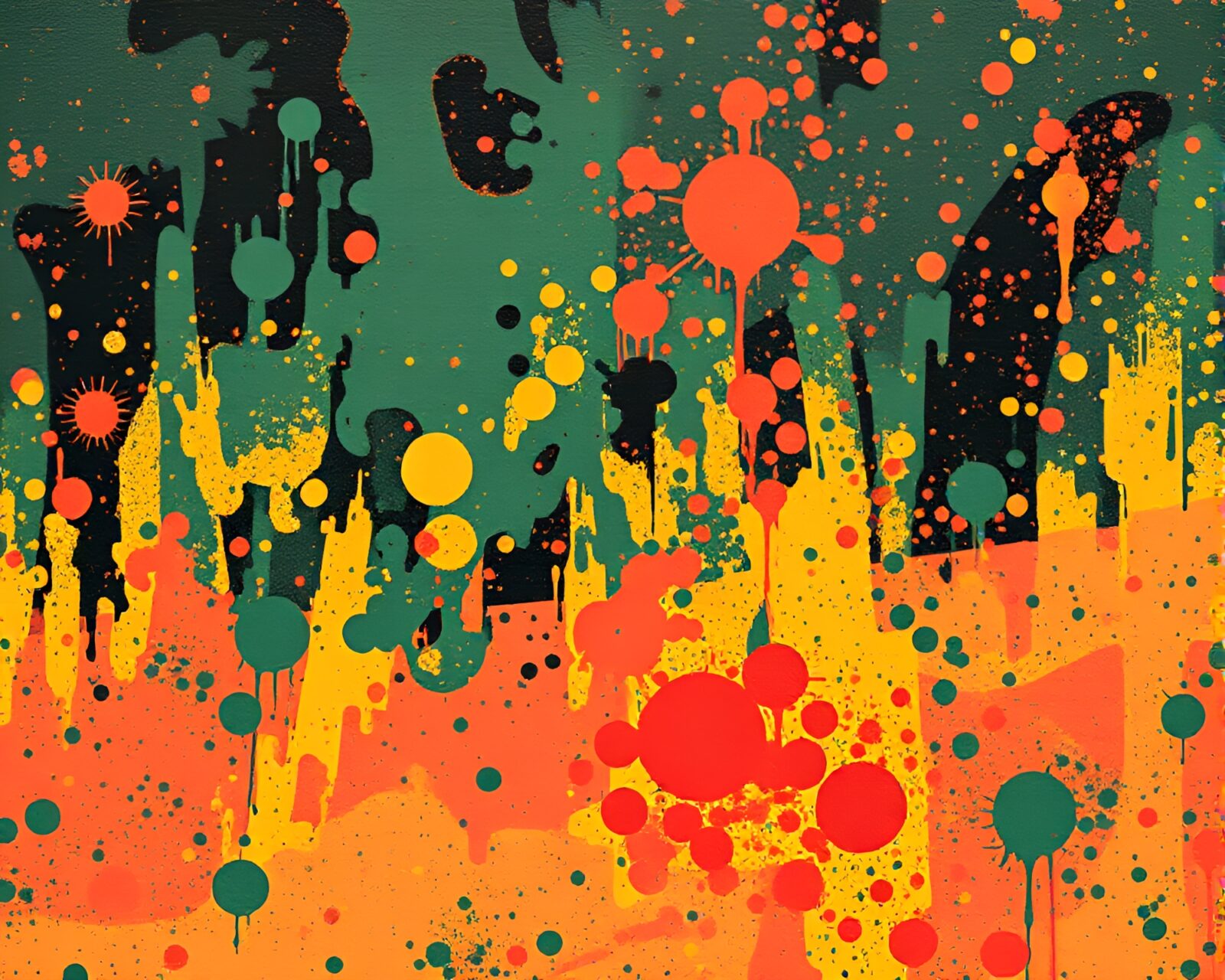 Colorful trumpet surrounded by linocut textures and paint splatters