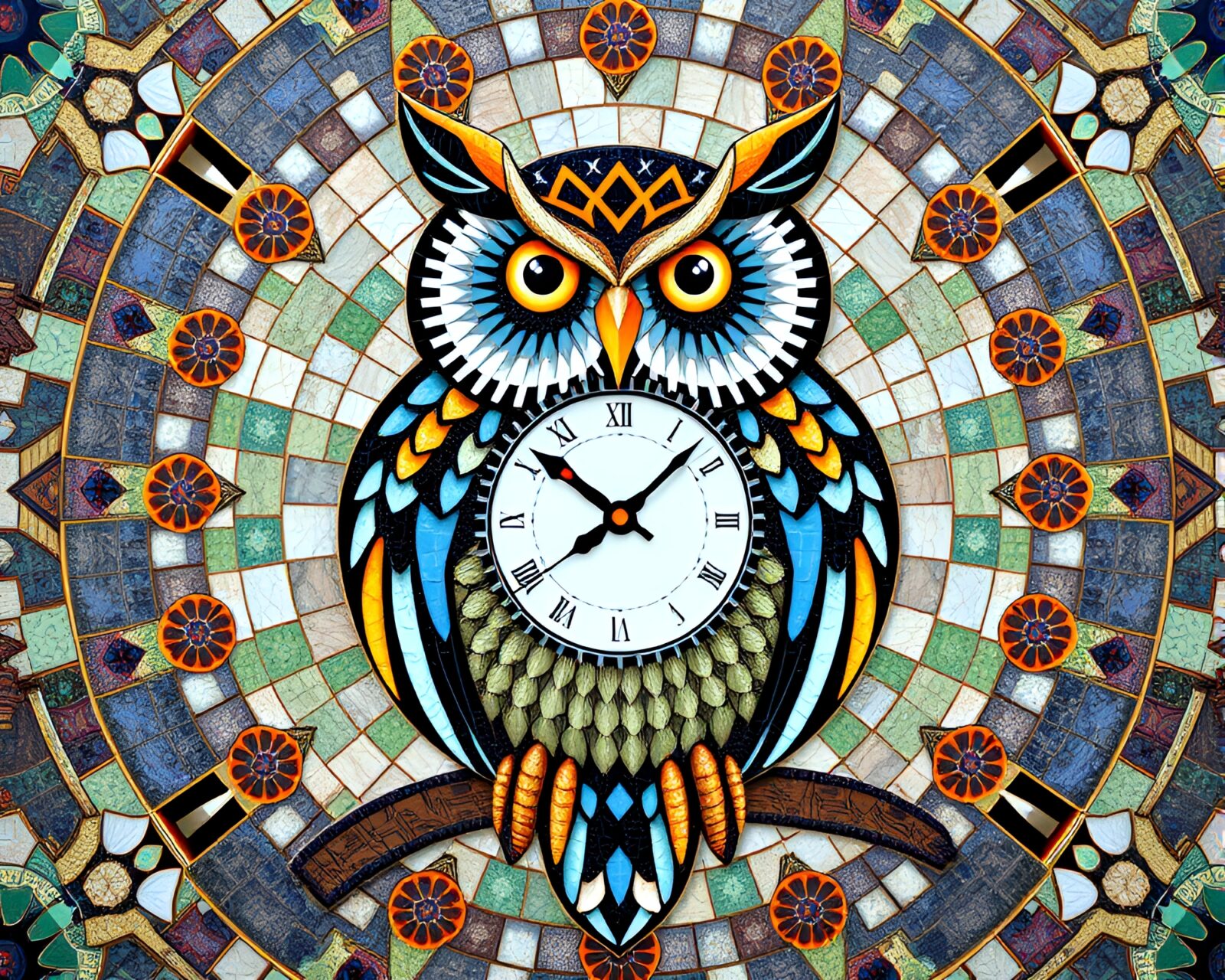 Colorful clockwork owl in tiled mosaic design with kaleidoscope effect