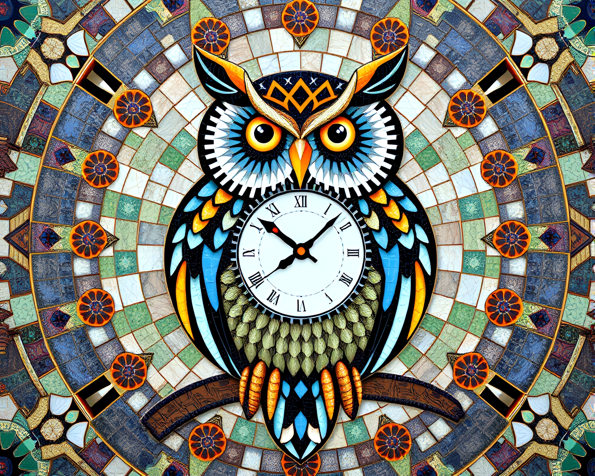 Clockwork Owl Tiled Mosaic with Kaleidoscope Elements – free AI stock image