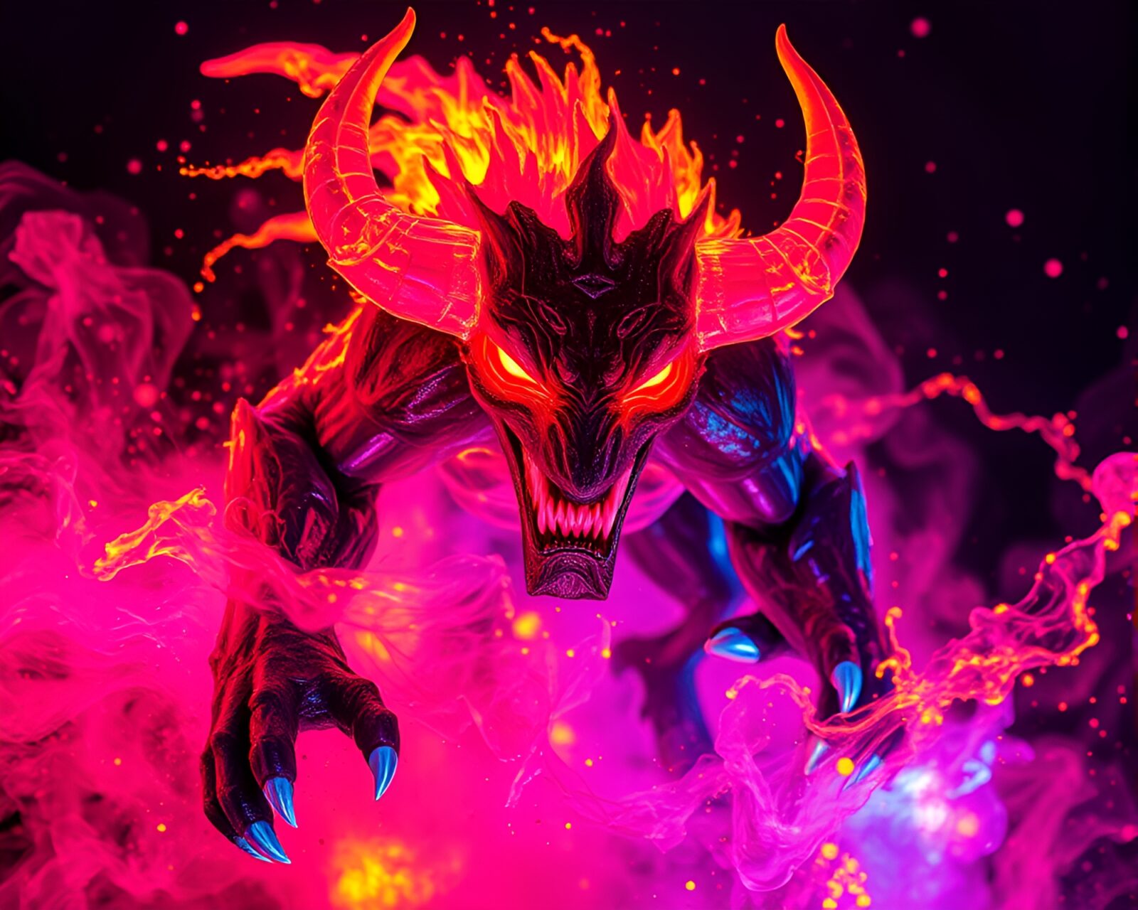 Holographic textured Cerberus in vivid fluorescent ink splashes