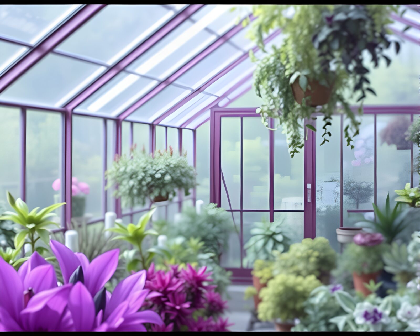 Ethereal greenhouse bathed in purple light surrounded by film strip