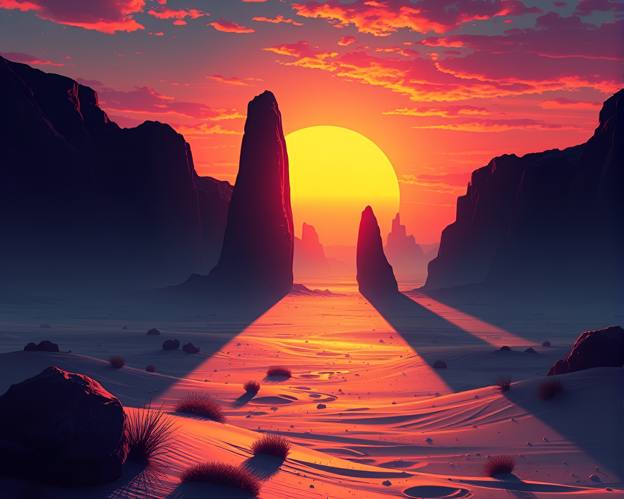 Futuristic Monolith at Desert Sunset Lens Sunburst – free AI stock image
