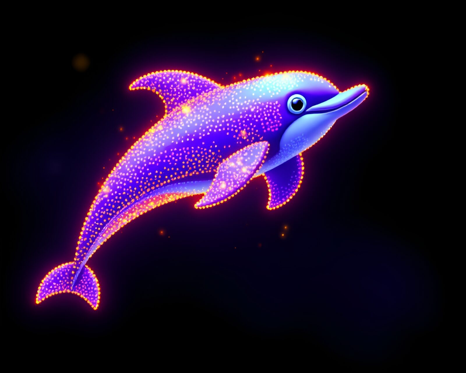 Majestic dolphin in swirling golden spiral under ultraviolet lights