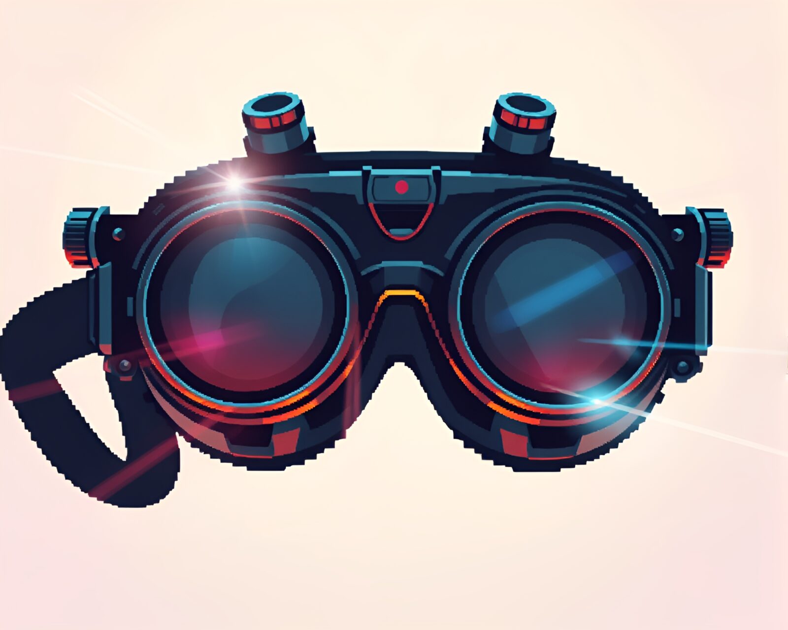 Soft pastel lit scene with steampunk goggles in pixel art style