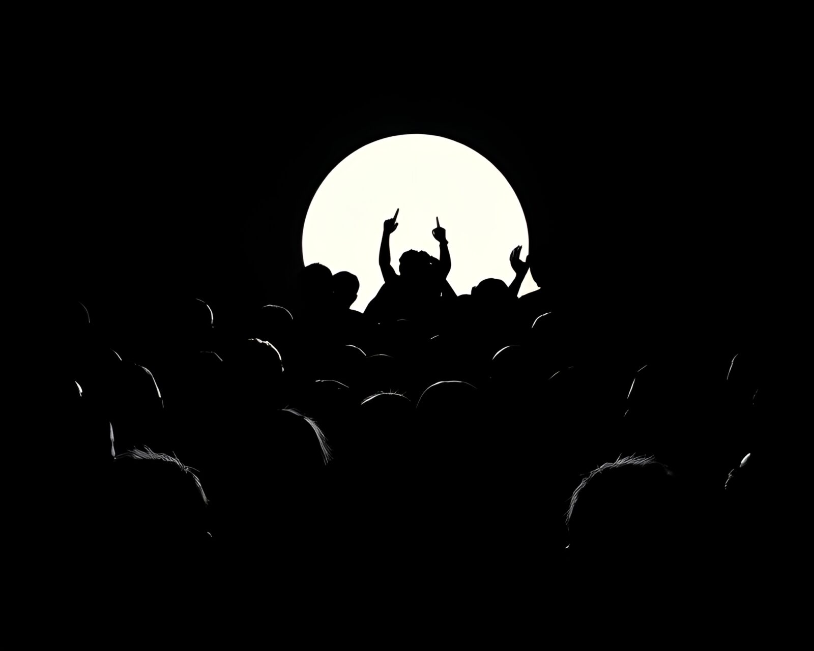 Abstract scene of macaron assortment shapes amidst shadowed crowd silhouettes