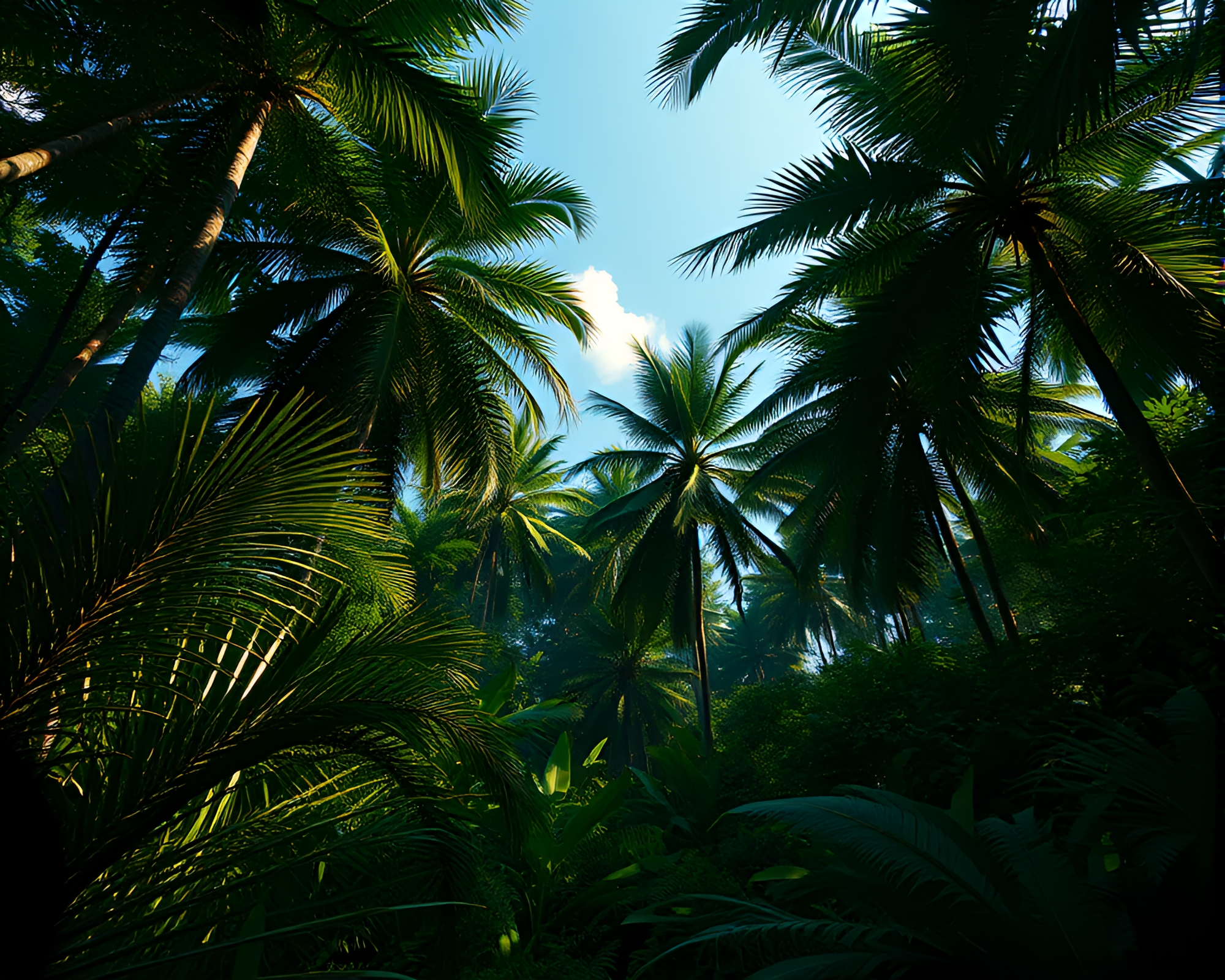 Lush Jungle Canopy: Real-Time Ray Tracing Worm’s Eye View – free AI stock image