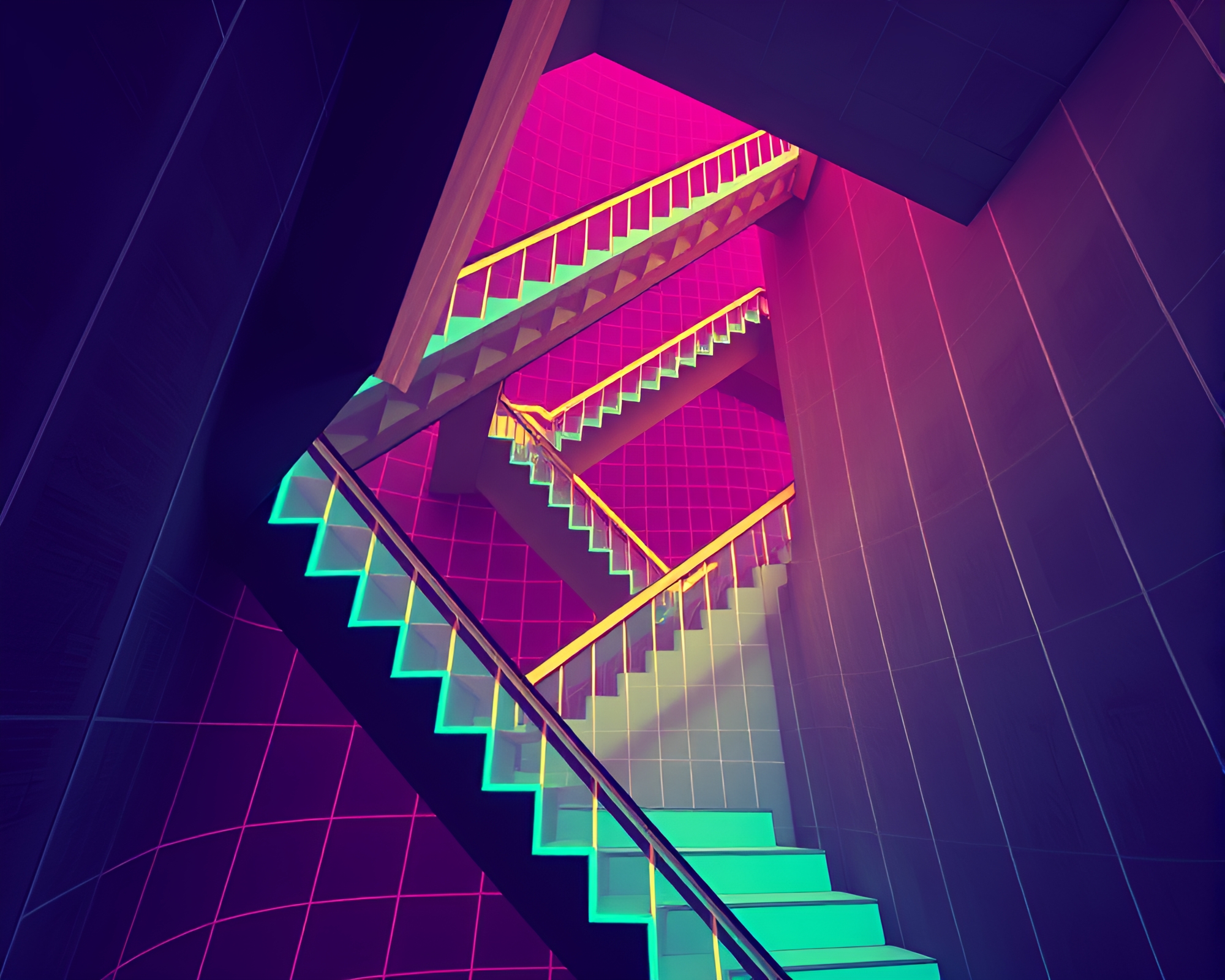 Escher-inspired staircase with duochrome fluorescent glow overlay – free AI stock image