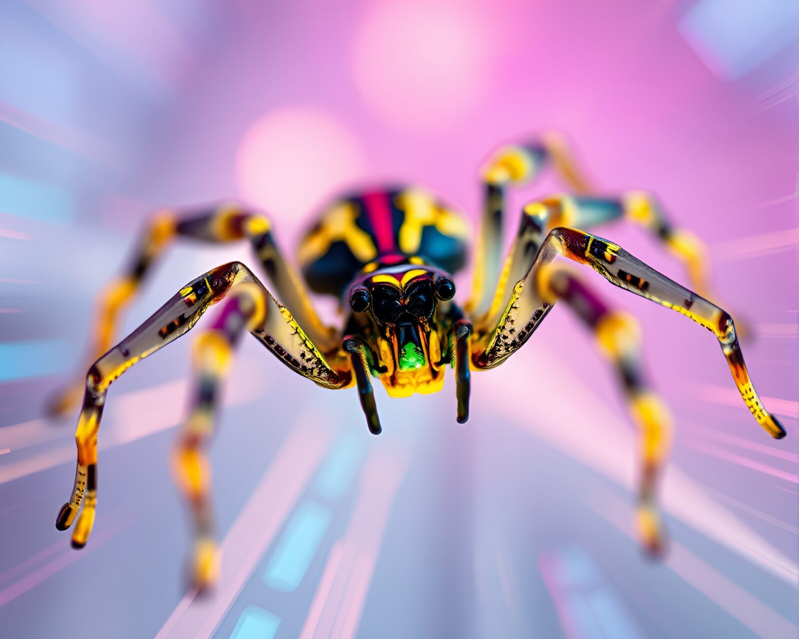 Colorful tilt-shift image of a fluorescent mechanical spider.