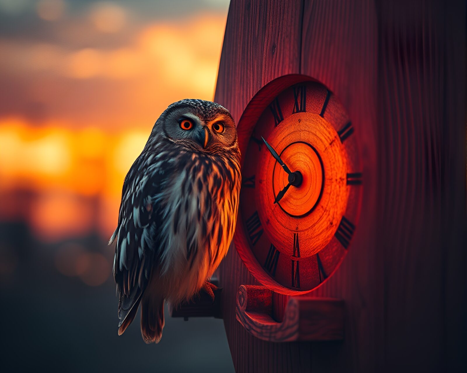 Intricate clockwork owl in vibrant wood grain sunset setting