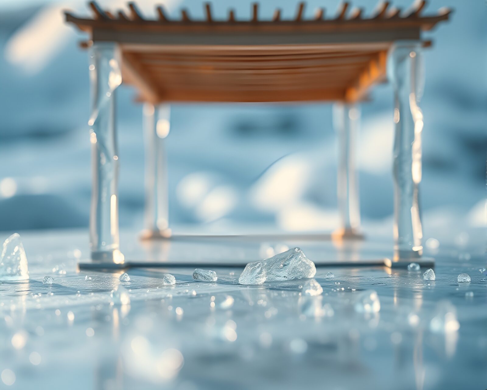 Miniature ice crystal palace hovering amidst acid wash skies
