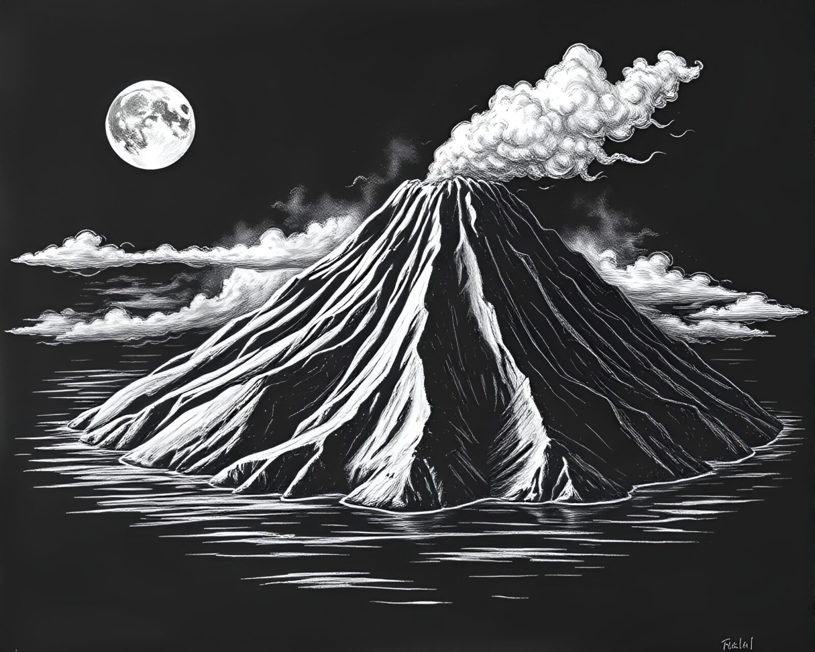 Detailed chalkboard drawing of a volcanic island with hard shadows