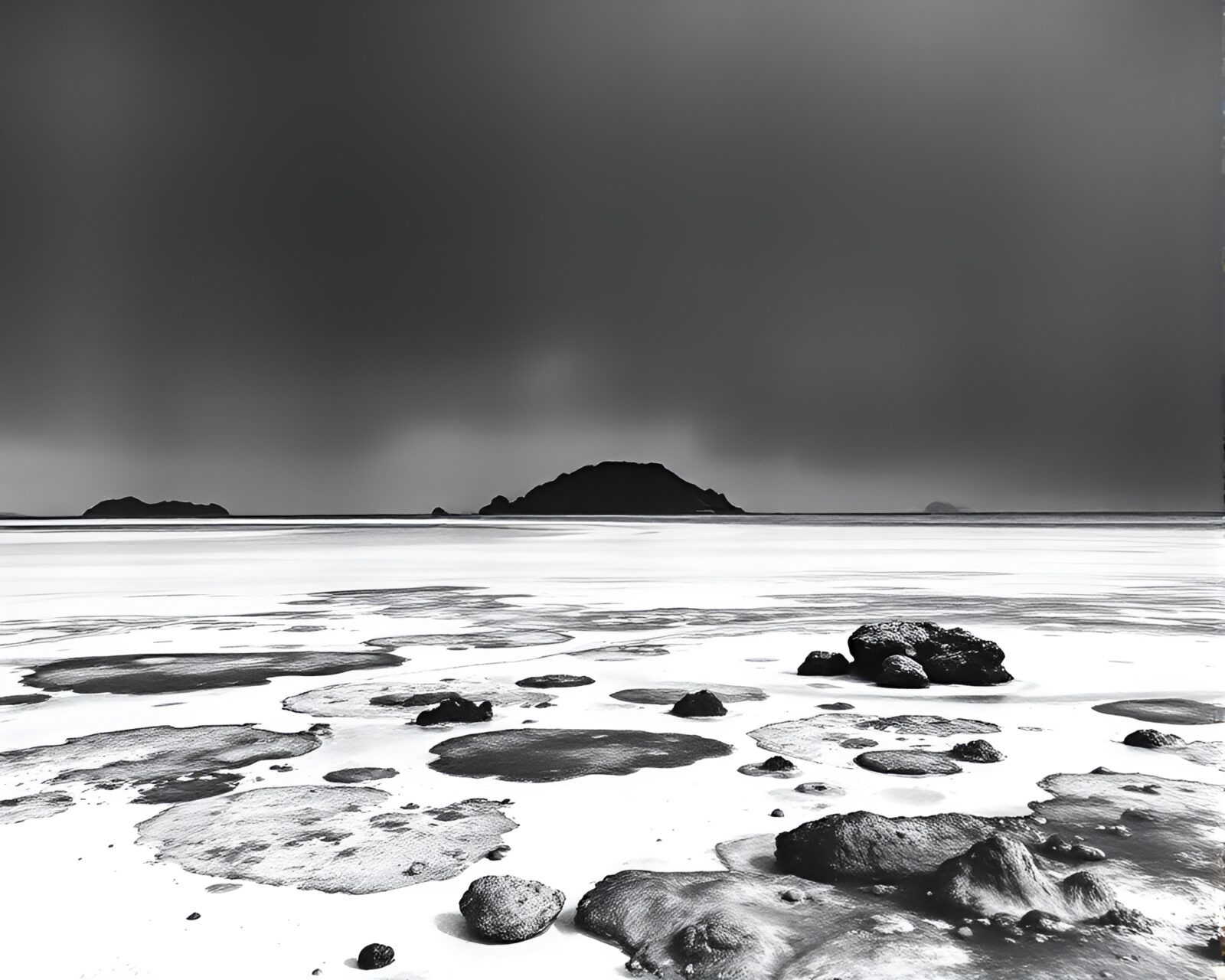 Desaturated ink splashes merging with a coral atoll landscape