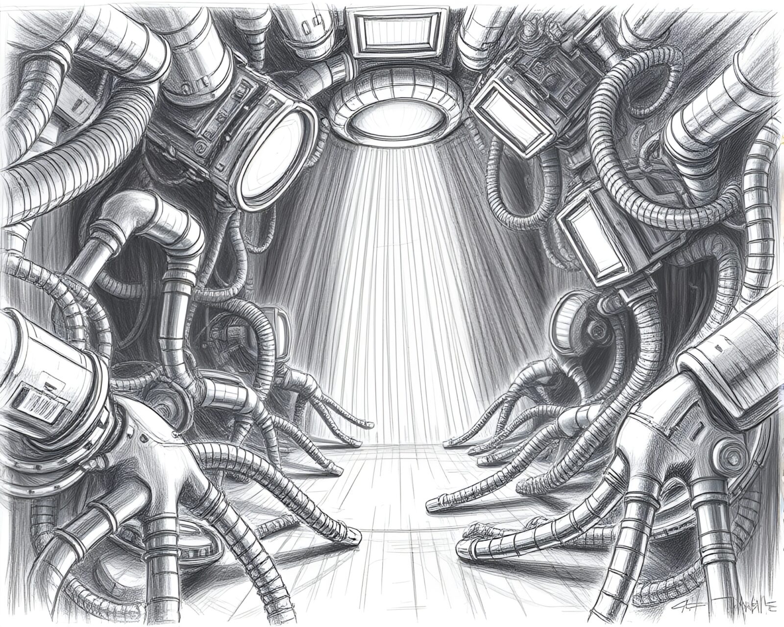 Dramatic illustration of a futuristic cyborg from a low angle