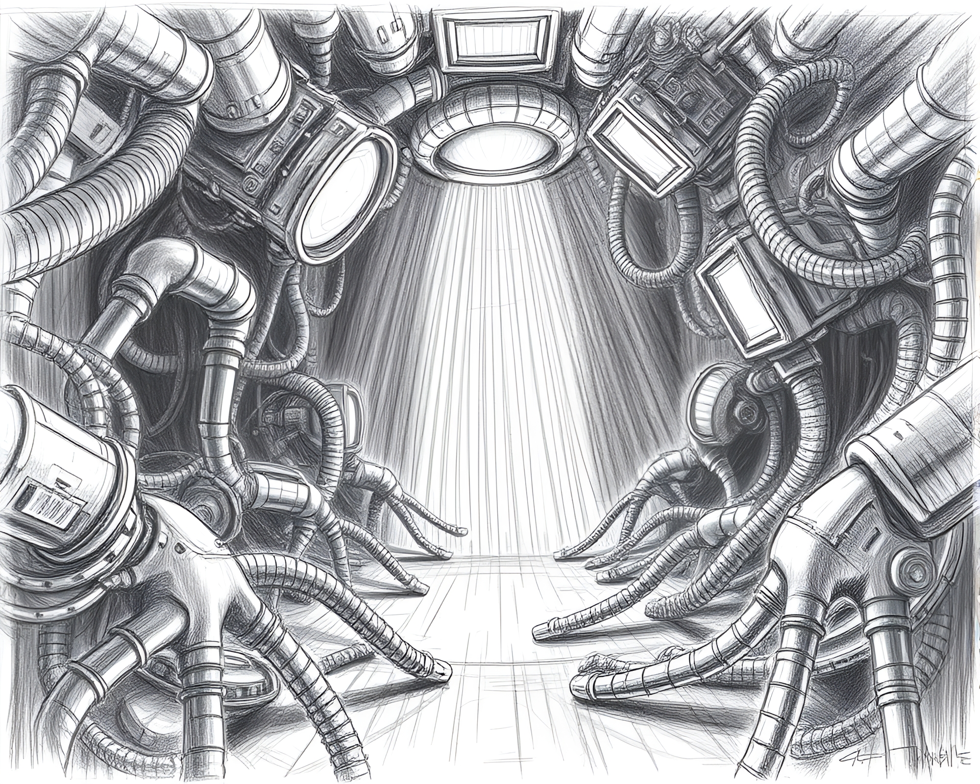 Cyborg Warrior Under Theatrical Pencil Sketch Lighting – free AI stock image