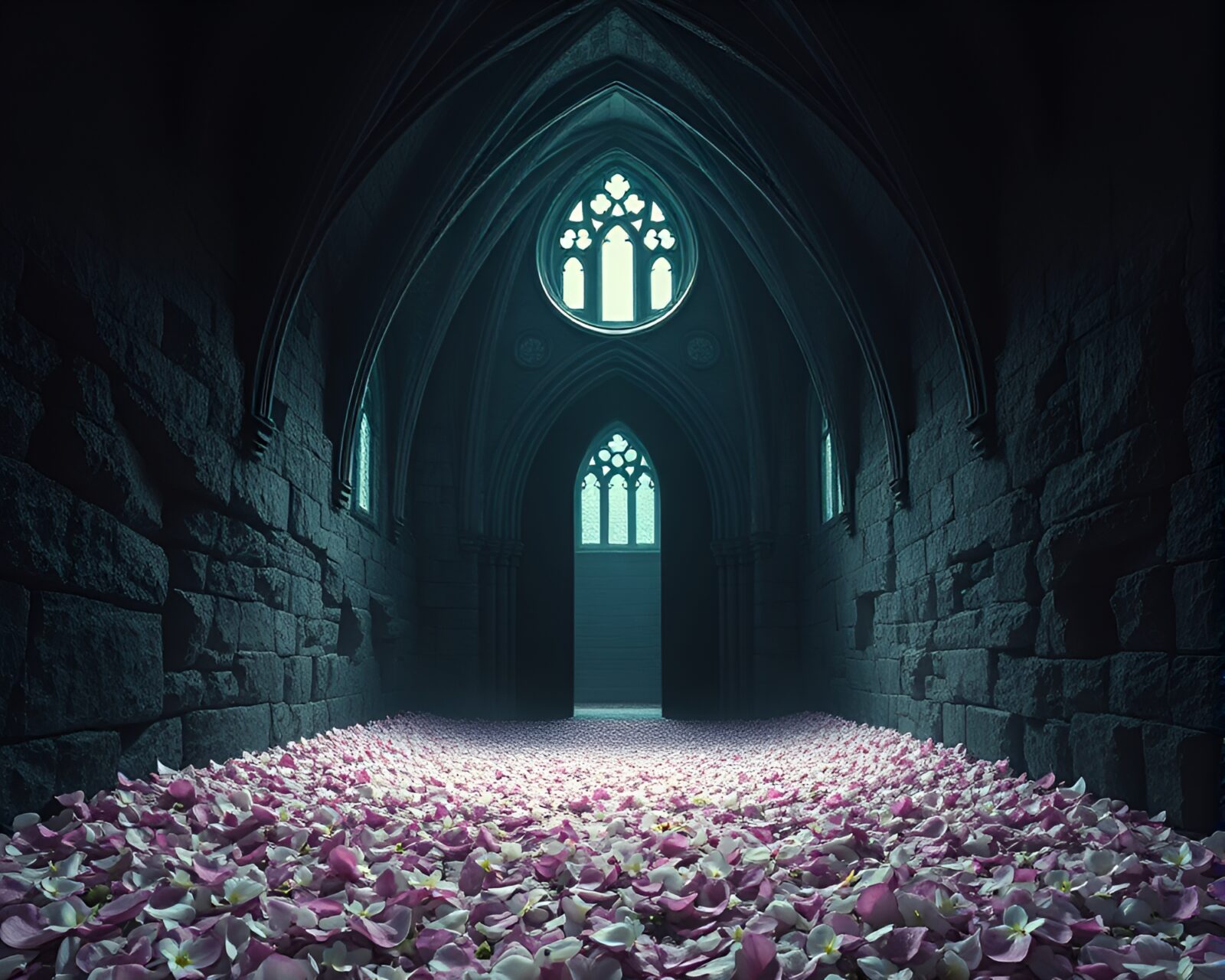 Mixed media artwork depicting a dark, floral cathedral entrance