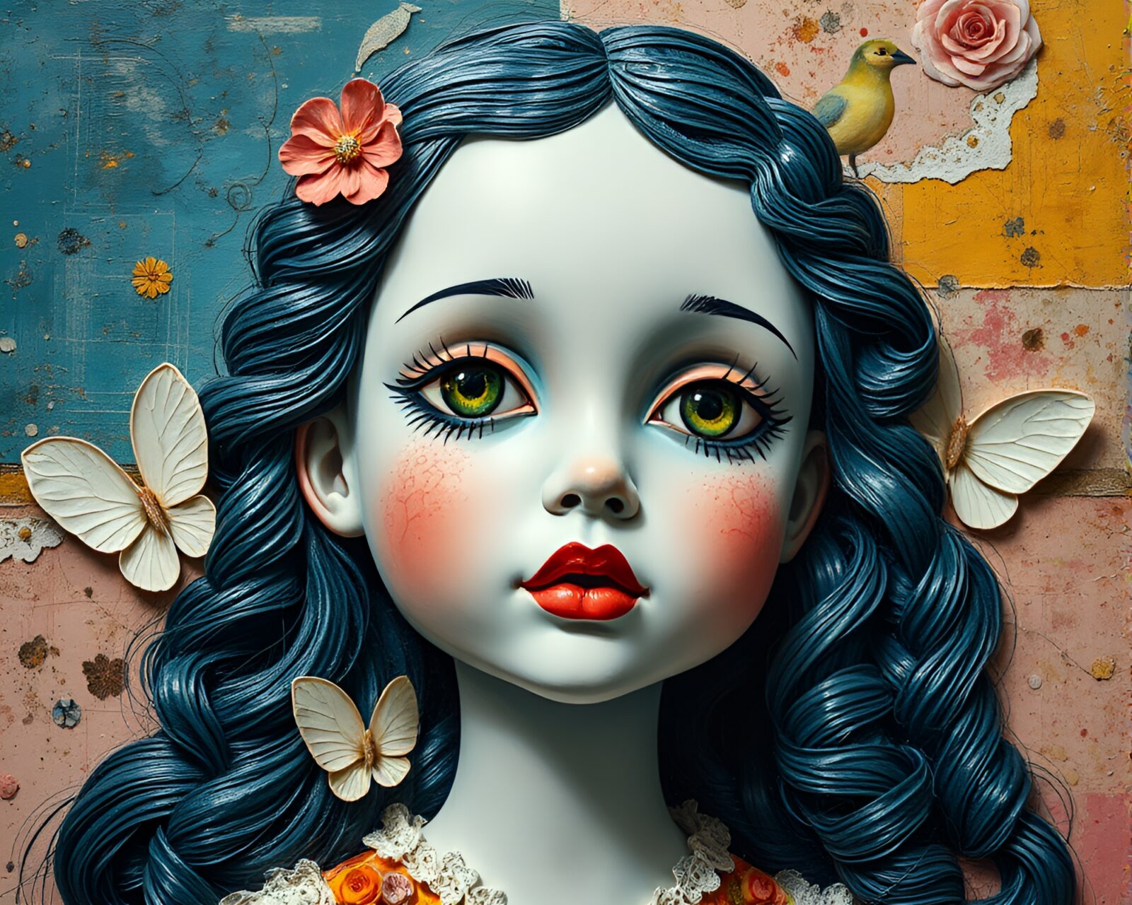 Collage of a porcelain doll in high saturation impasto