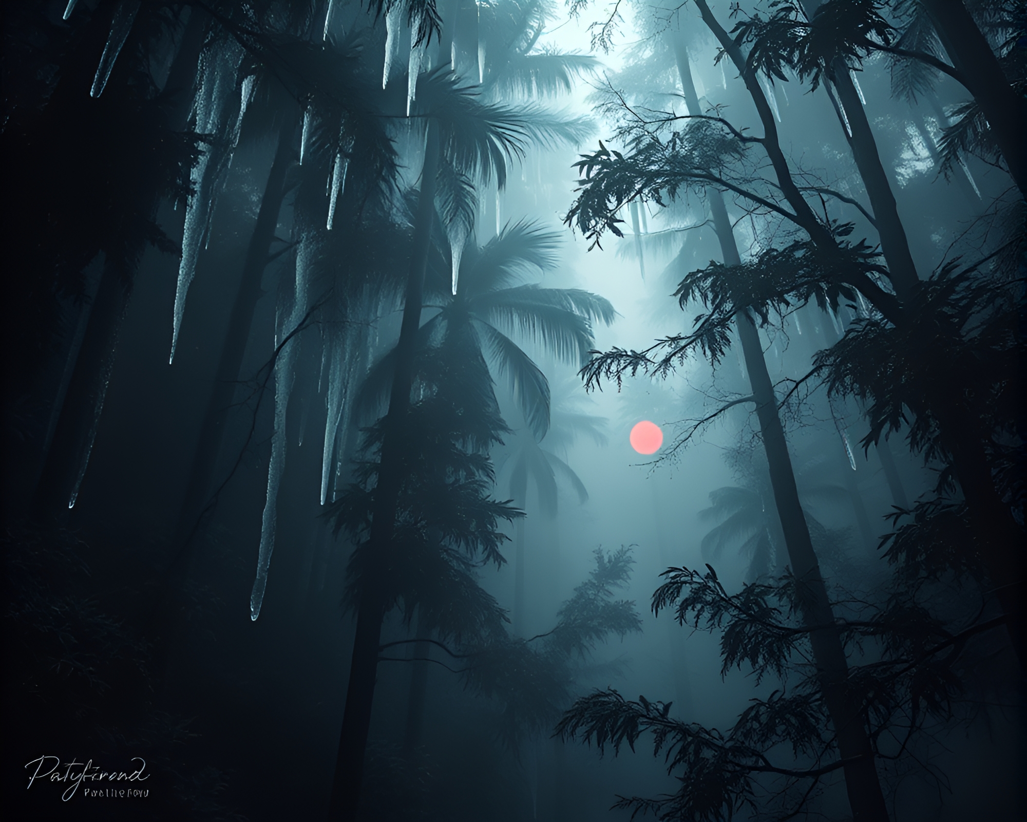 Frozen Rainforest Canopy in Monochrome Red – free AI stock image