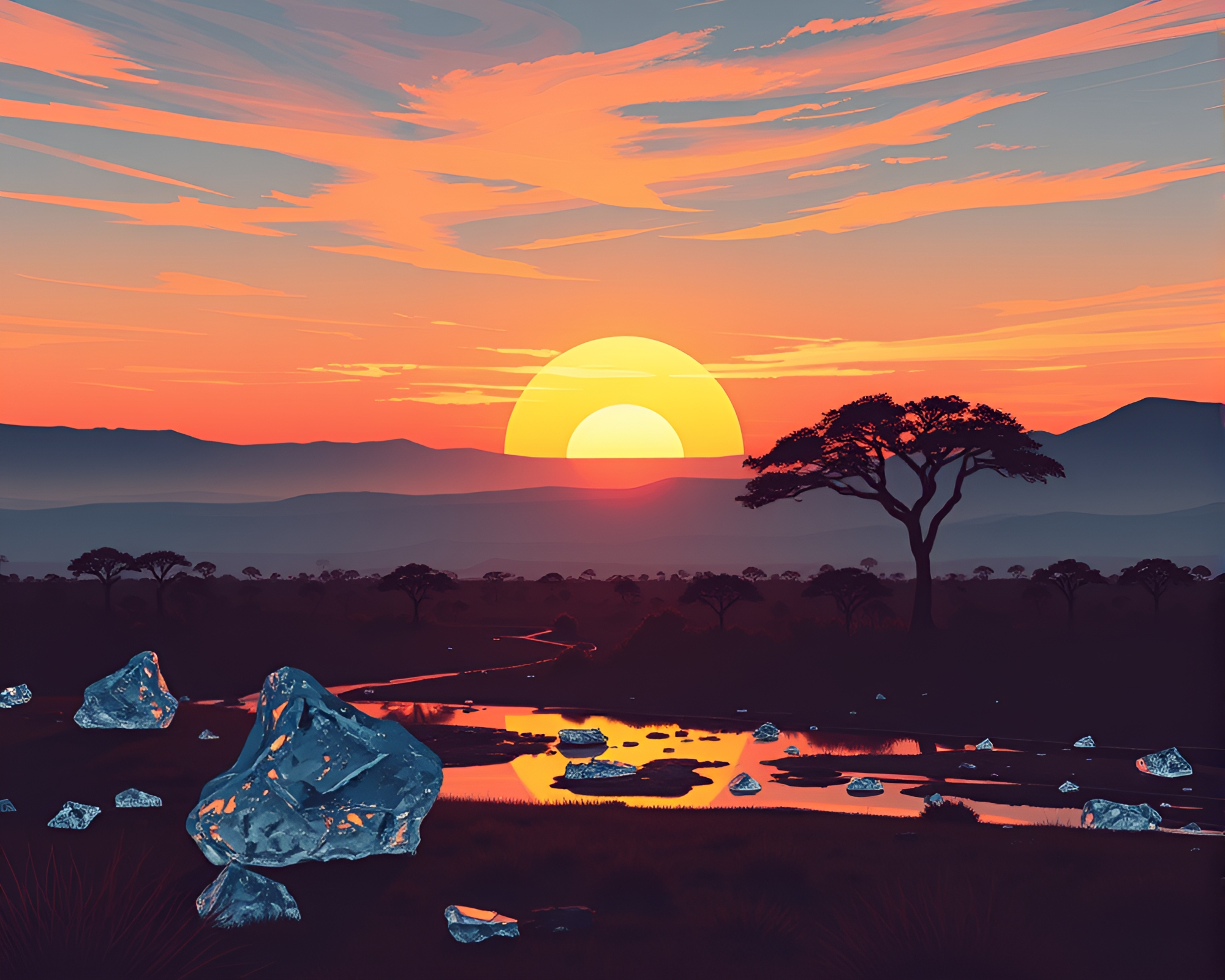 Ice Crystal Sunset on Planetary Savanna – free AI stock image