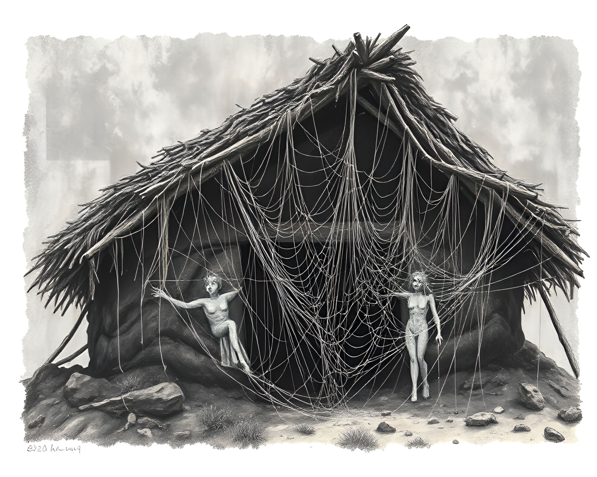 Ethereal Mud Hut Illuminated with Iridescent Cobwebs – free AI stock image
