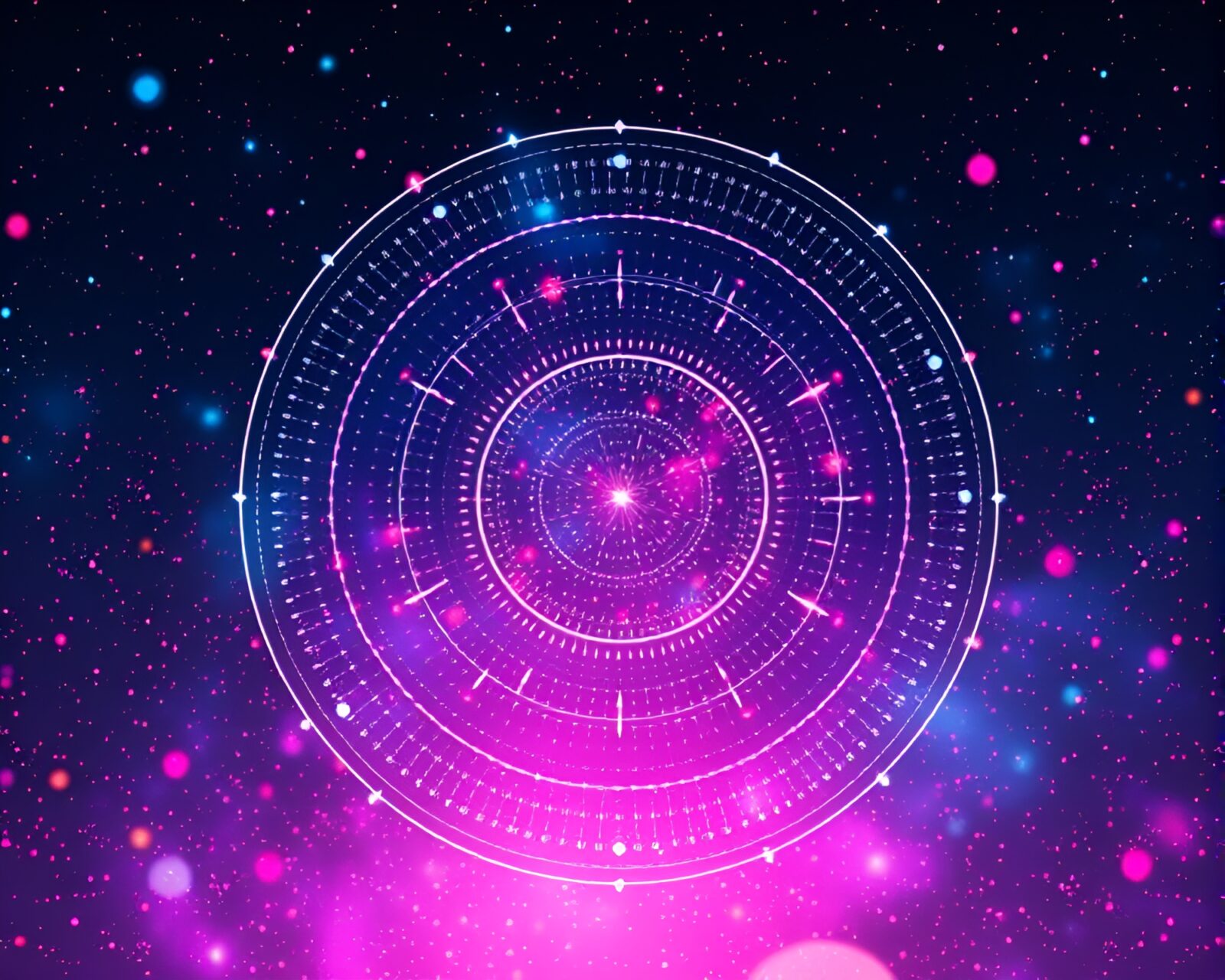 Futuristic HUD overlay with magic circle and vibrant galaxy colors