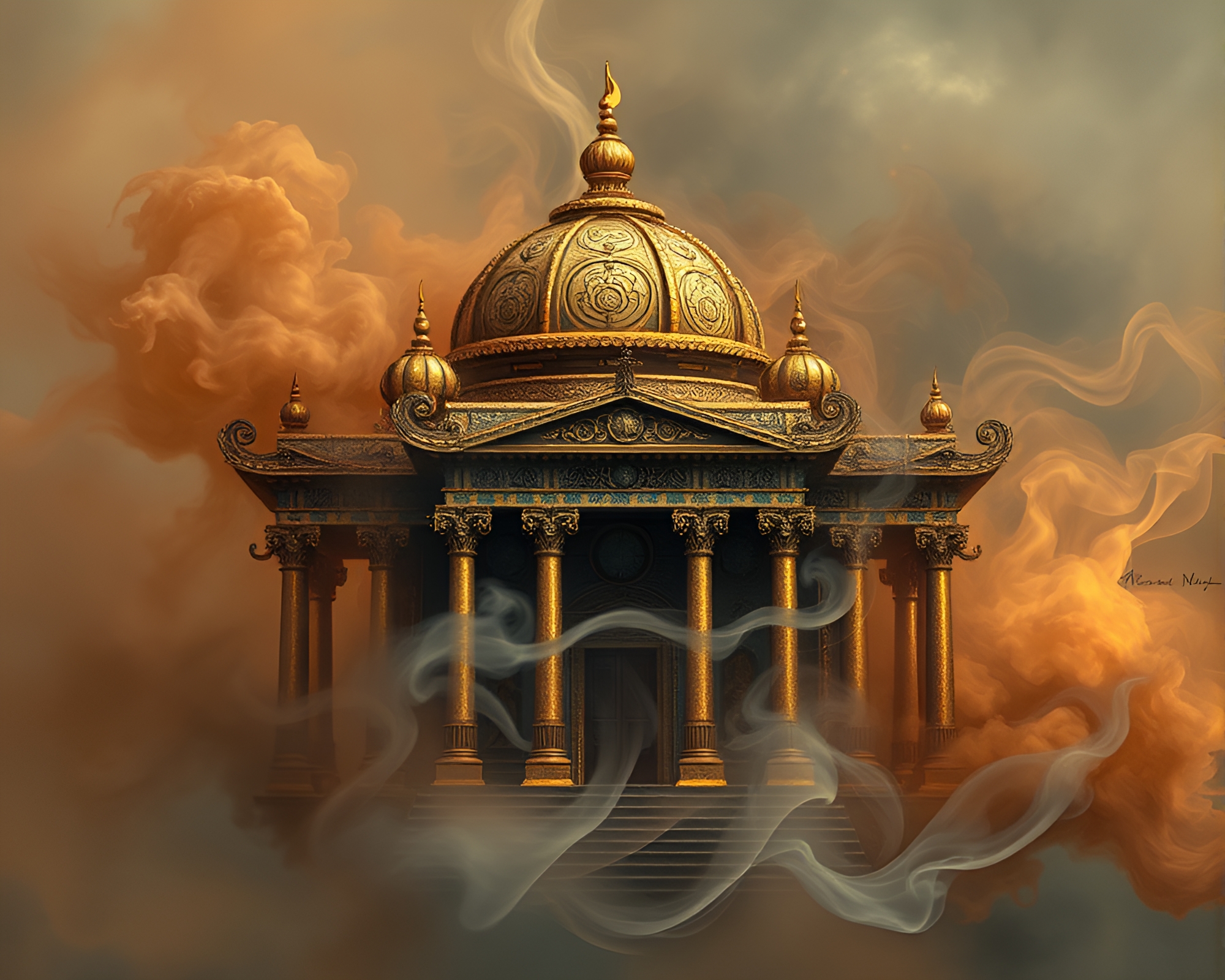 Enigmatic Temple Veiled in Swirling Smoke Plume – free AI stock image