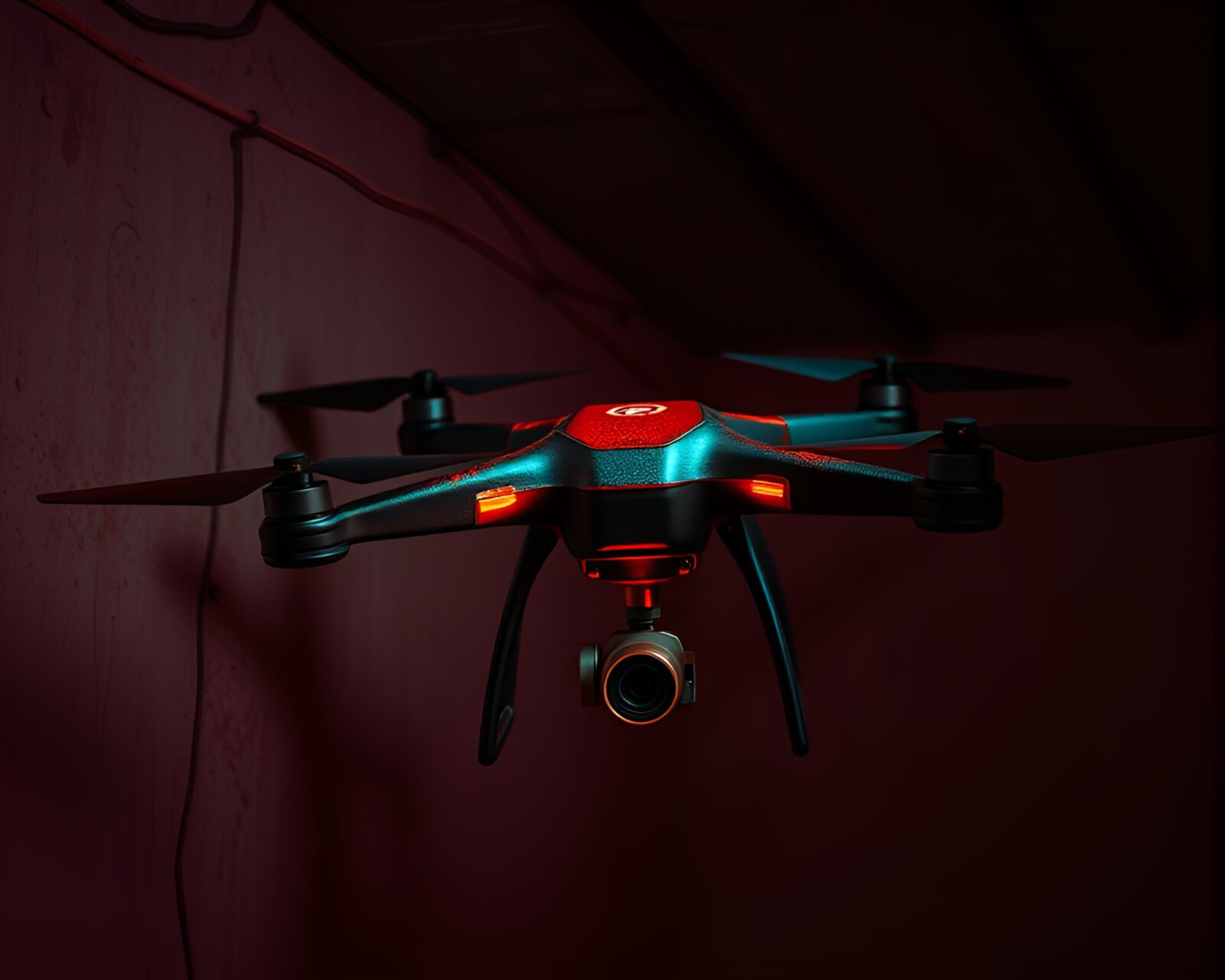 Glowing drone in attic casting mysterious neon shadows