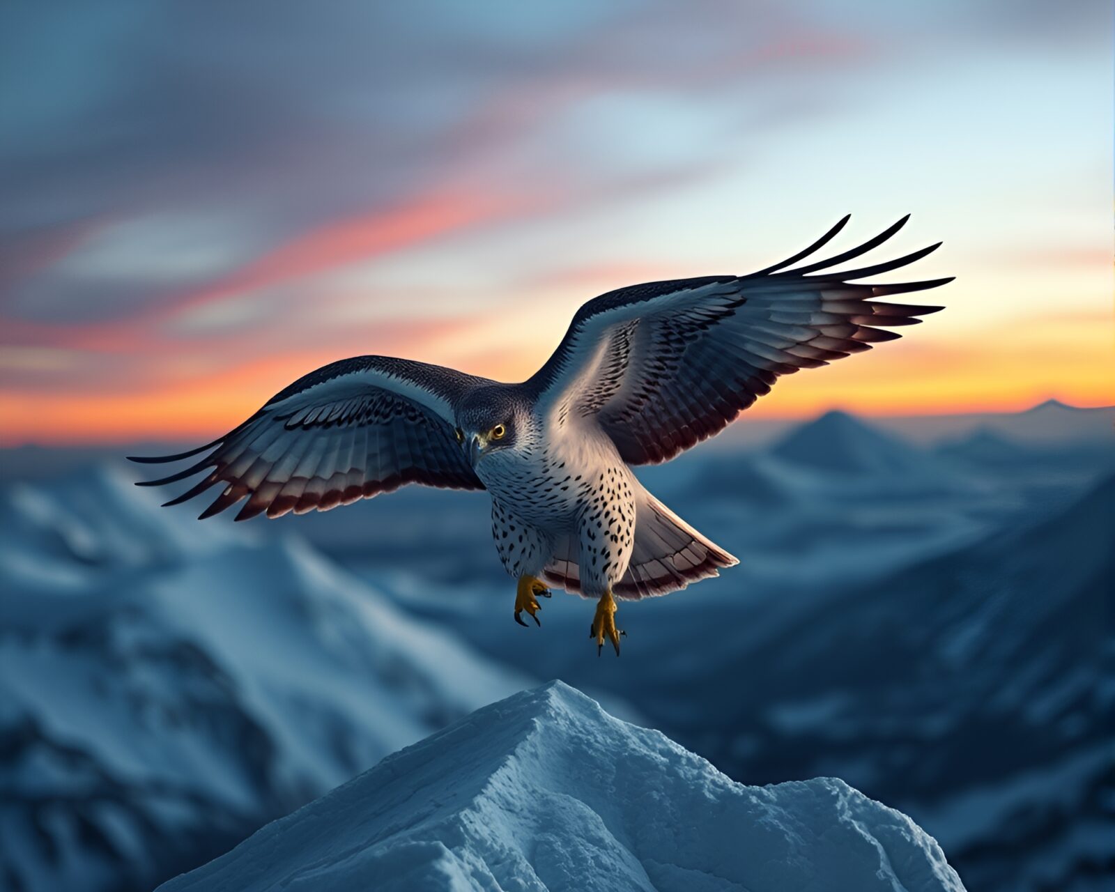 Detailed photorealistic falcon pattern in polar twilight setting