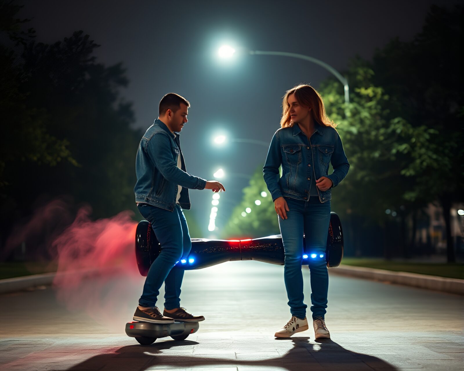 Futuristic hoverboard gliding through misty steam vapor ambiance