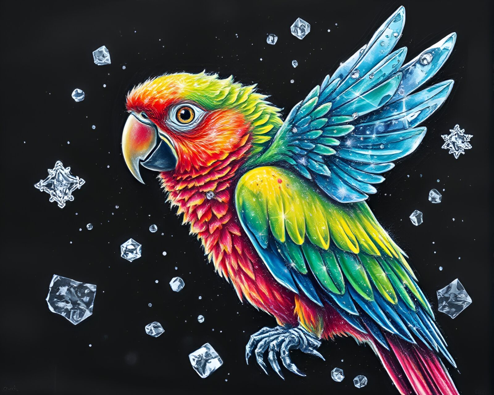Colorful tropical bird trapped in icy crystal with chalky texture