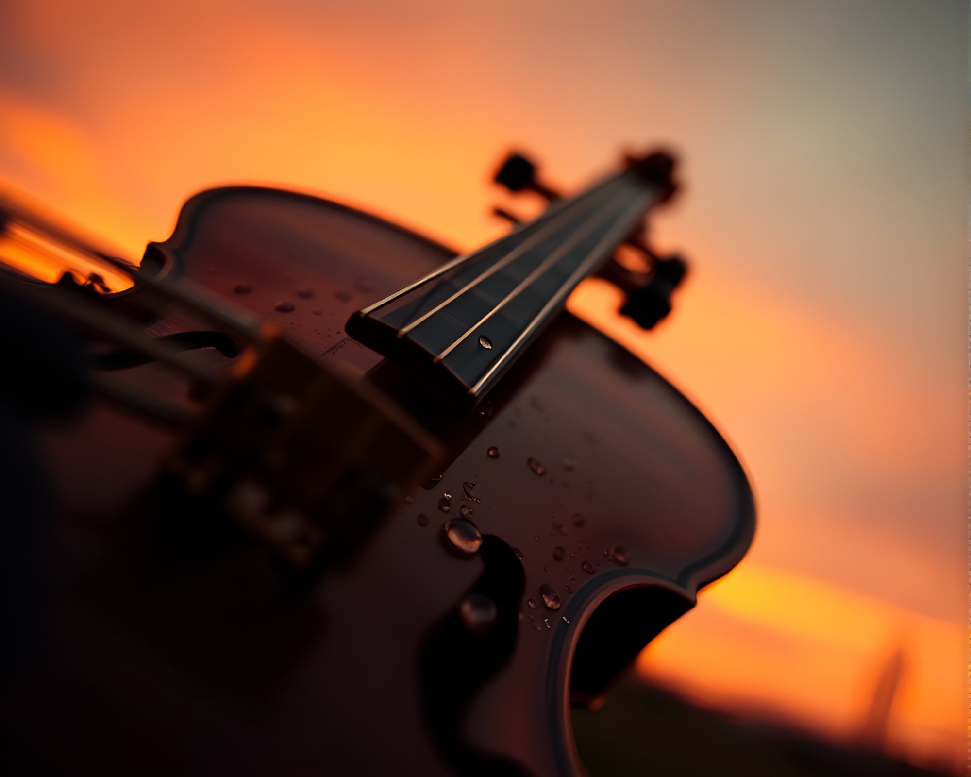 Sunset Serenade: Violin in Water Droplets Film Noir – free AI stock image