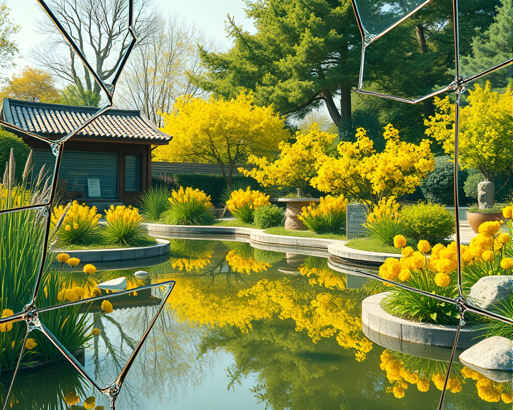Futuristic Zen Garden Reflection with Mustard Yellow Pop – free AI stock image