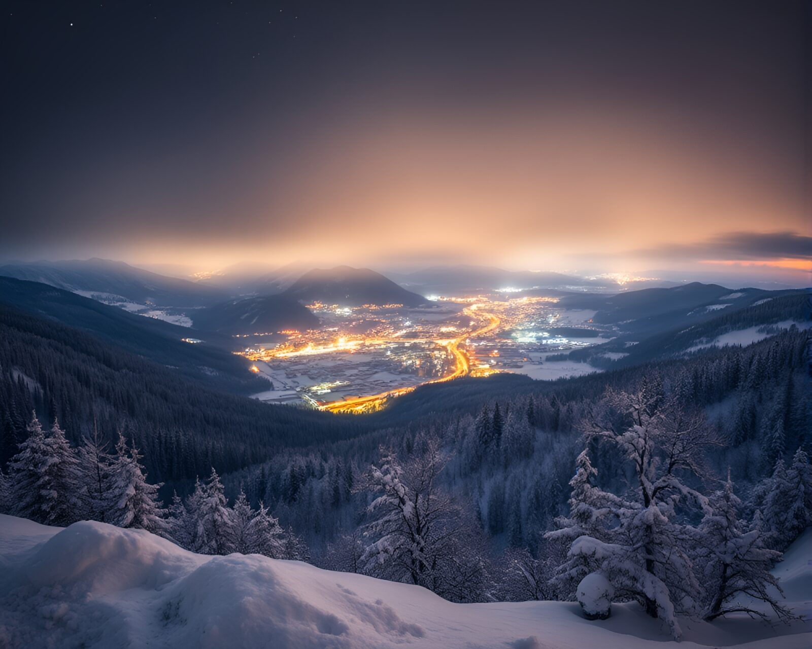 A captivating panoramic view of a snow-kissed necklace gleaming in the soft light