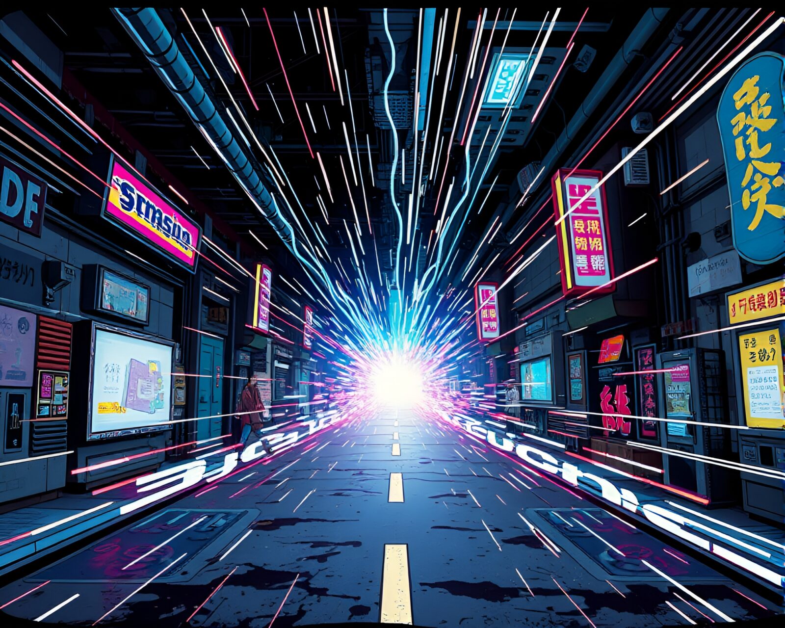 Colorful anime street art of quantum device in flickering light