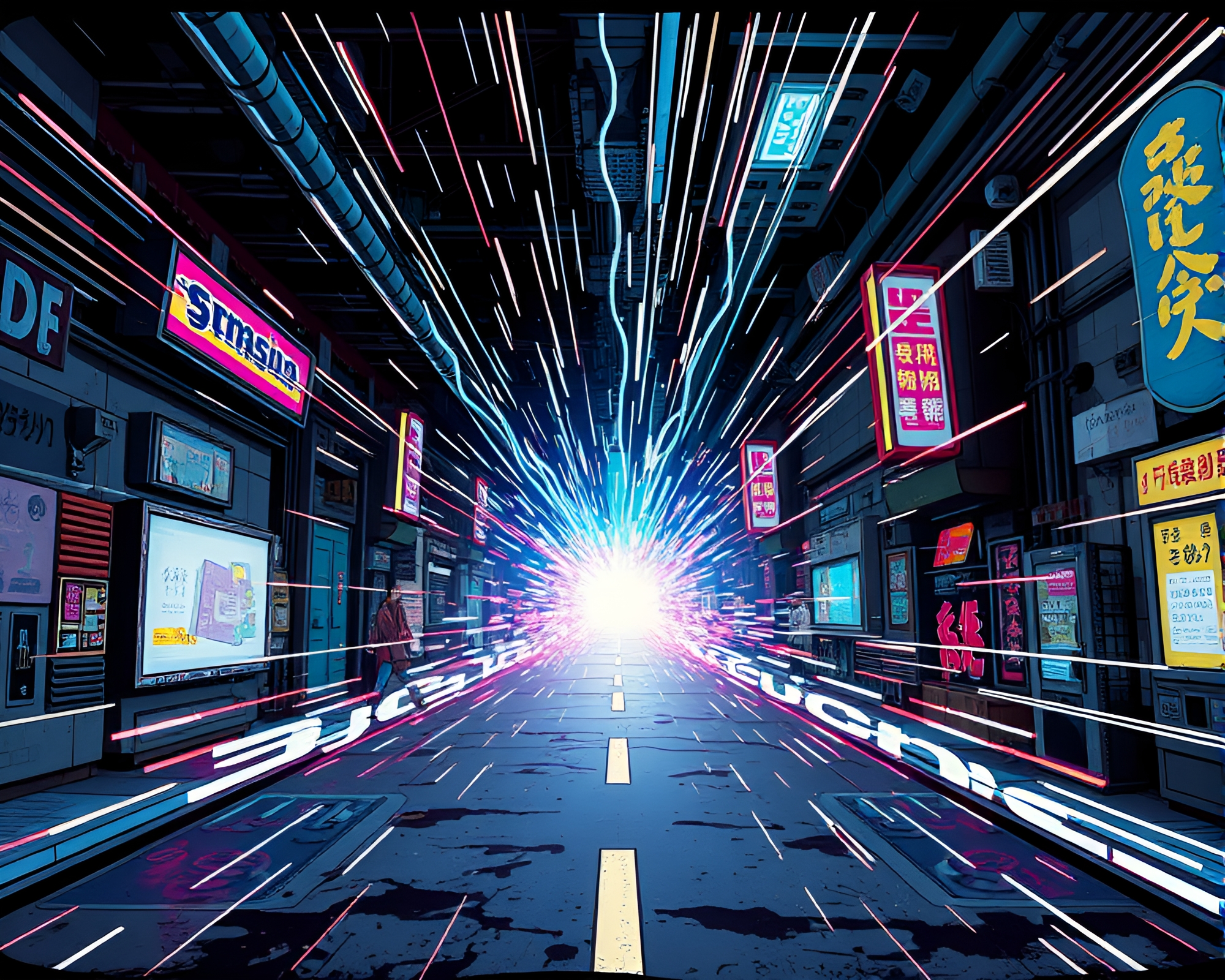 Anime style street art featuring quantum teleportation device – free AI stock image