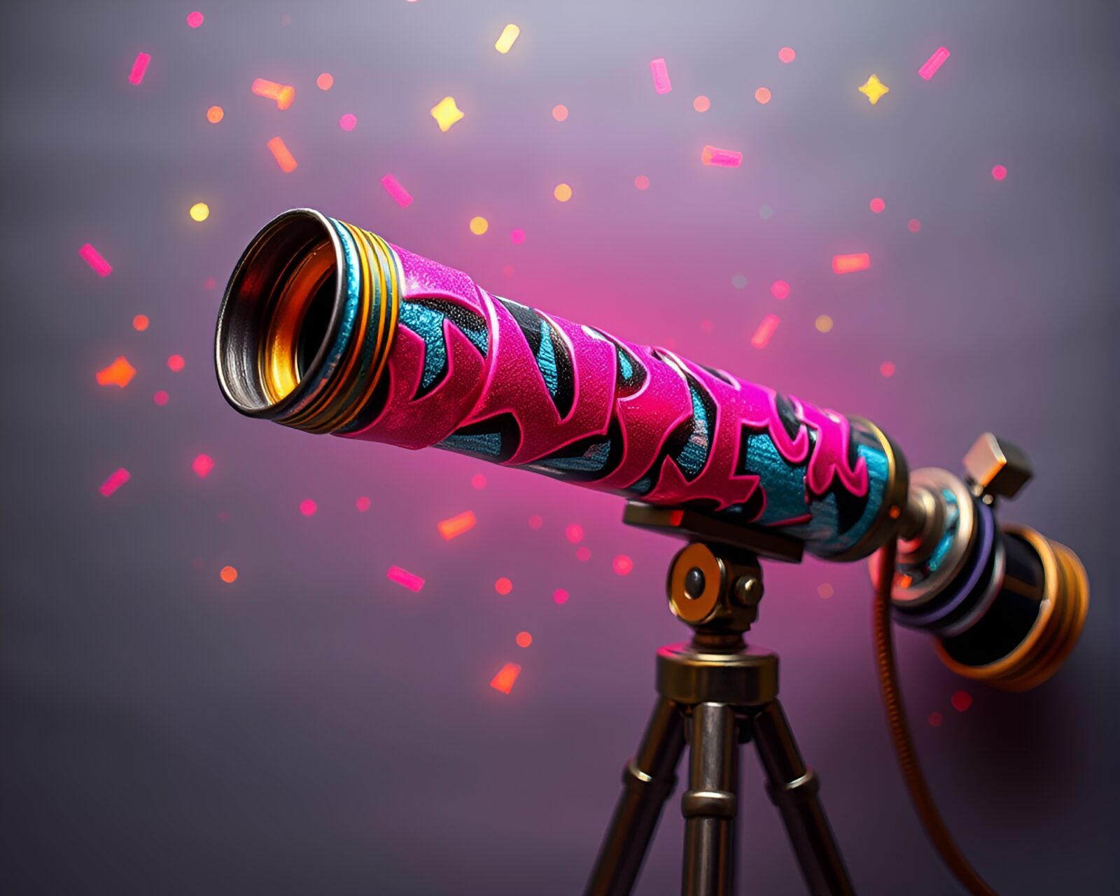 Colorful origami telescope in vibrant neon graffiti environment