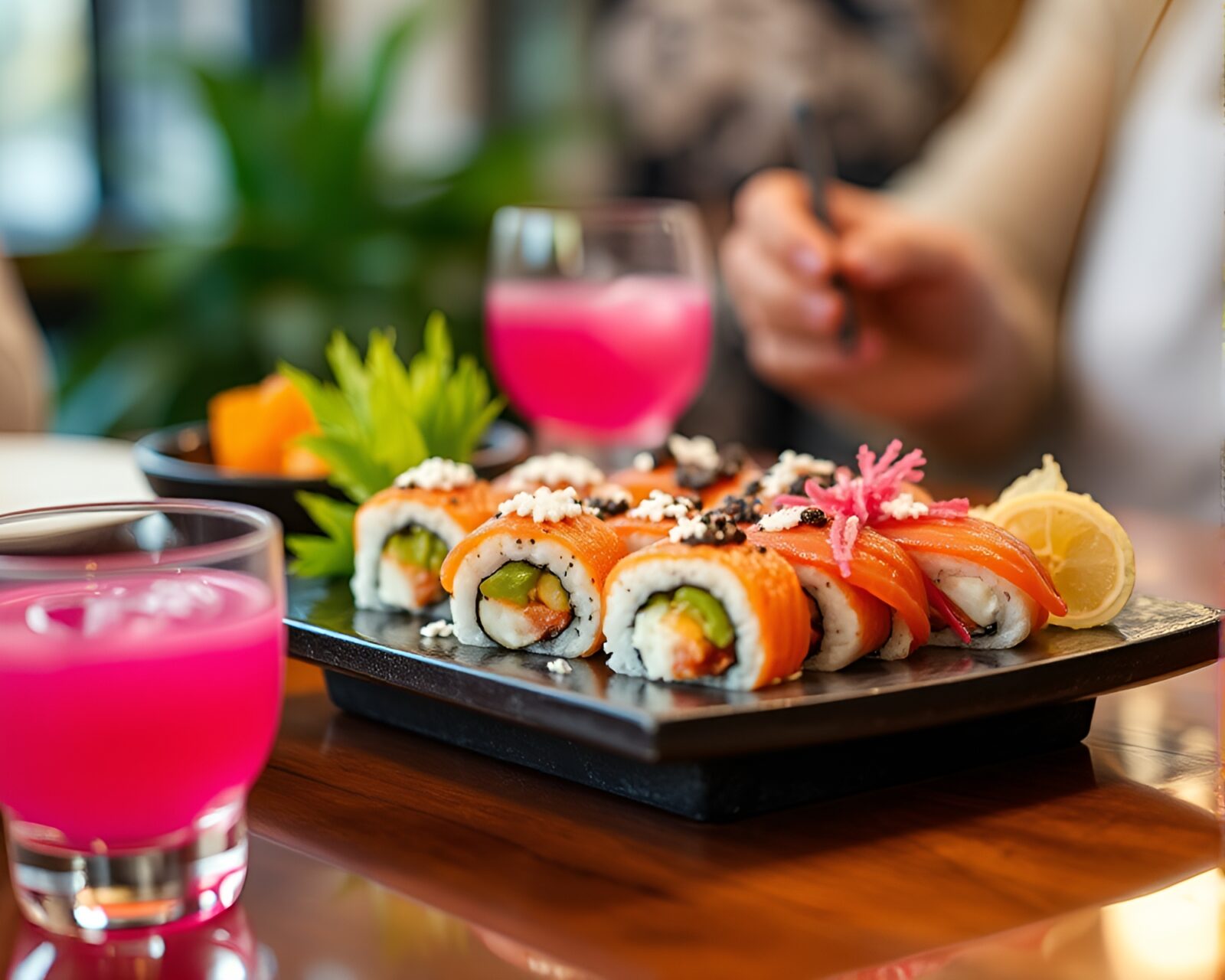 Candid moment of a sushi platter in magenta lighting