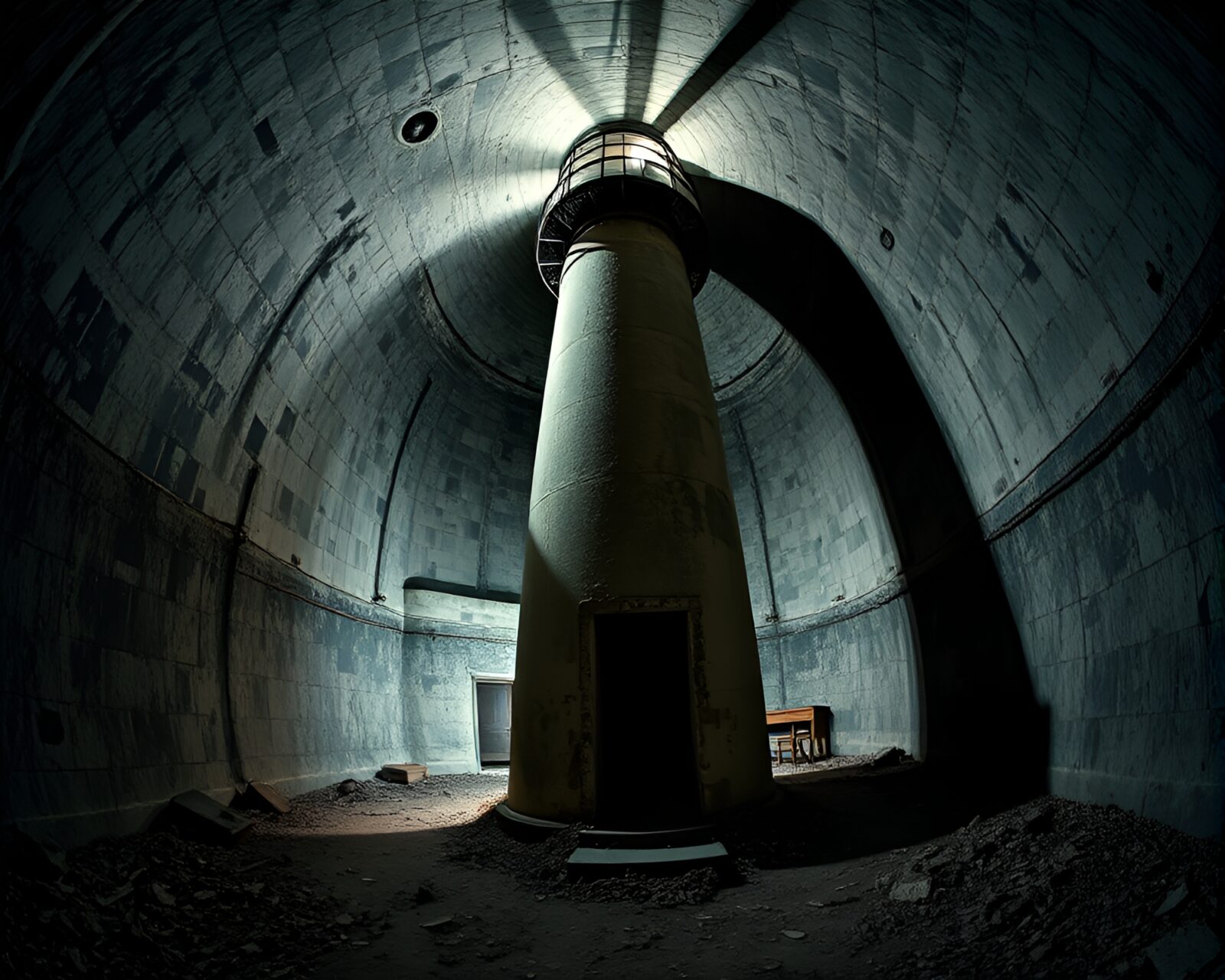 Wide-angle view of an abandoned lighthouse with dungeon torchlight, shown in x-ray style