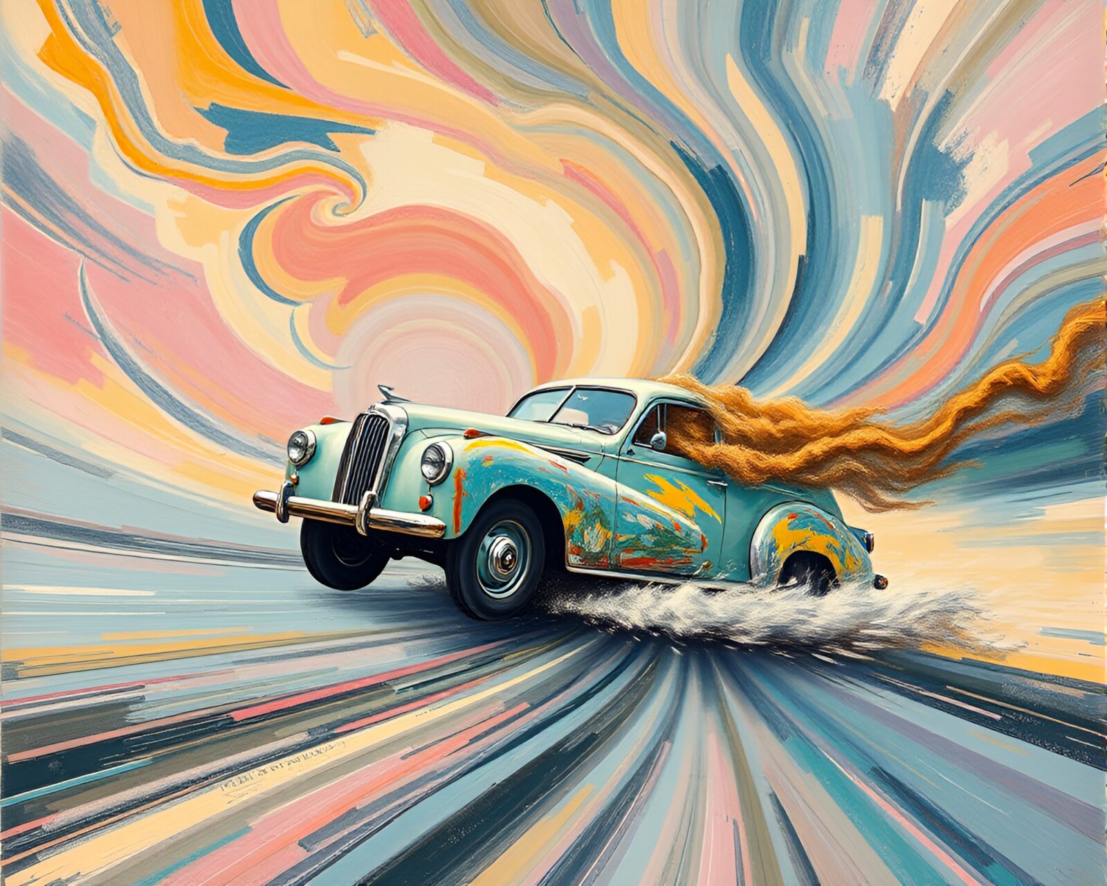 Soft pastel vortex surrounds surreal flying car collage artwork