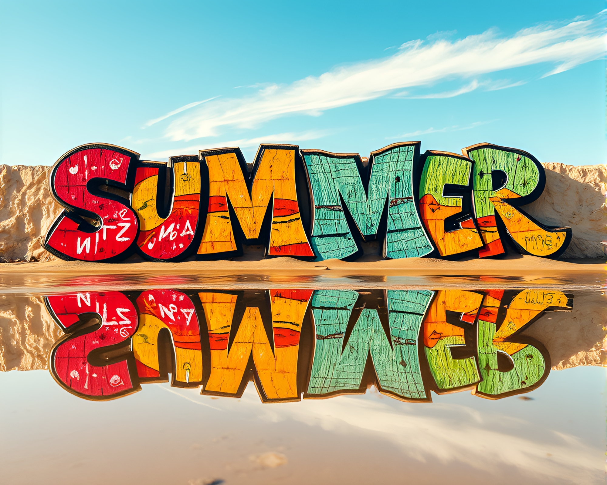 Graffiti Beach Sunset Double Reflection Calligraphy Art – free AI stock image