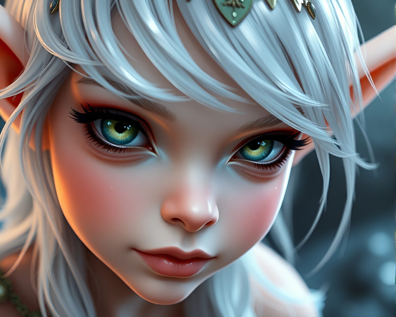Extreme close-up of intricate pixel art elf portrait.