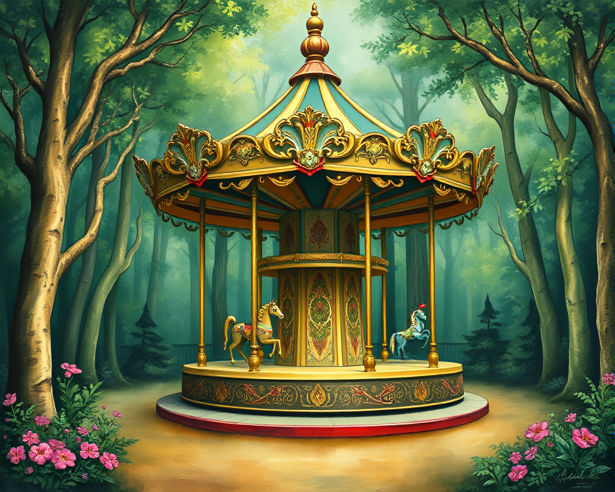 Enchanted Carnival Carousel in Gouache Forest Painting – free AI stock image