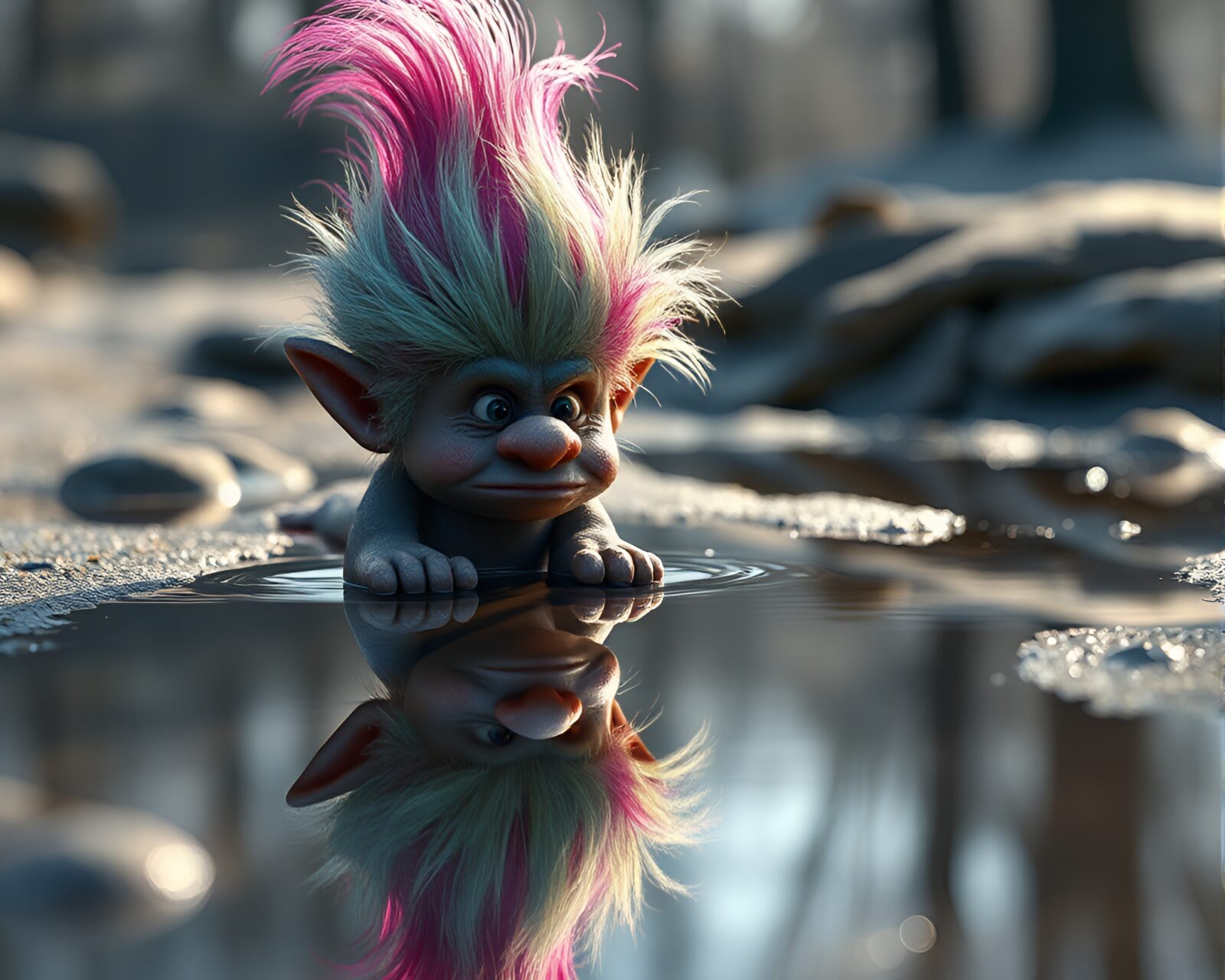 Vibrant and surreal troll reflection in puddle, high saturation