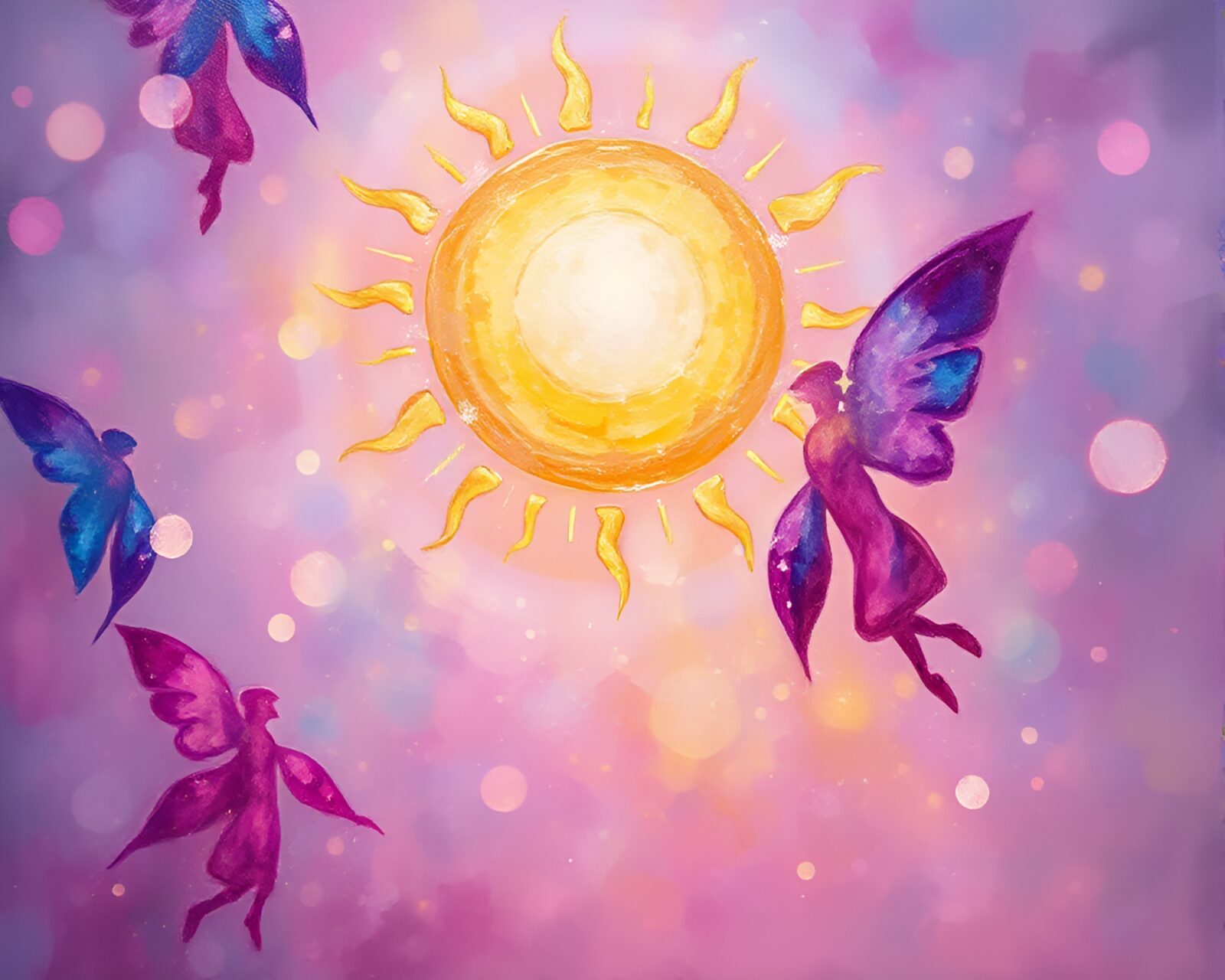 Fresco painting of a fairy amidst amethyst sun glares