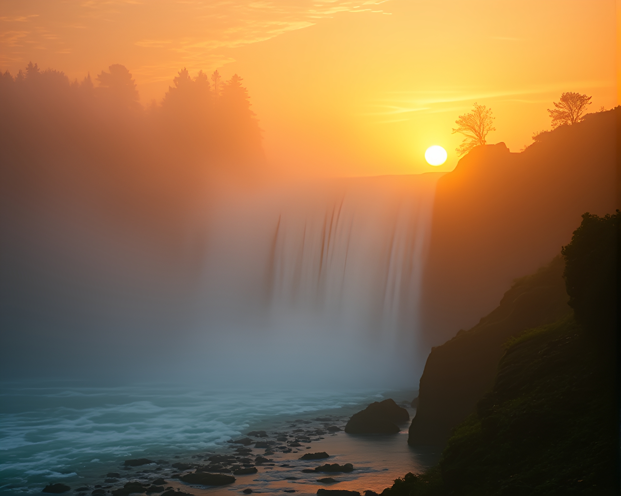Mystical Waterfall at Golden Dusk in VHS Style – free AI stock image