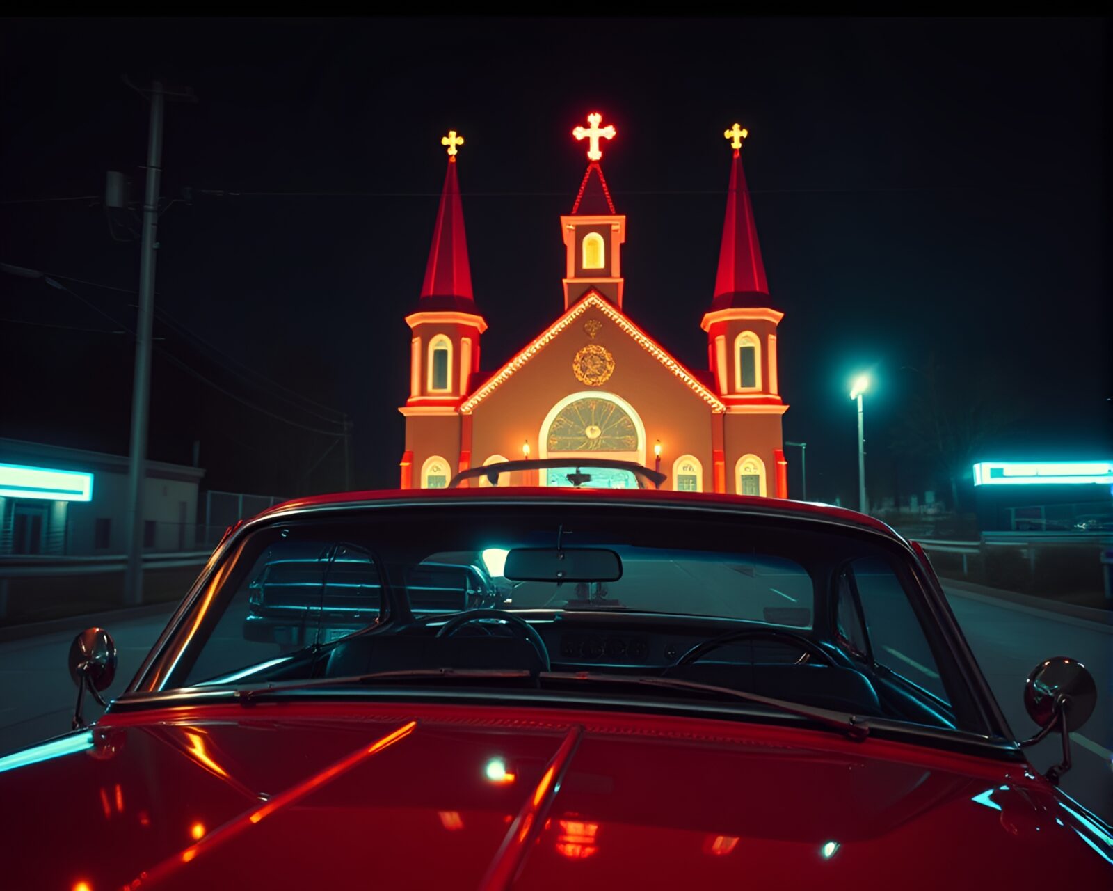 Retro car surrounded by neon lights in a dim church