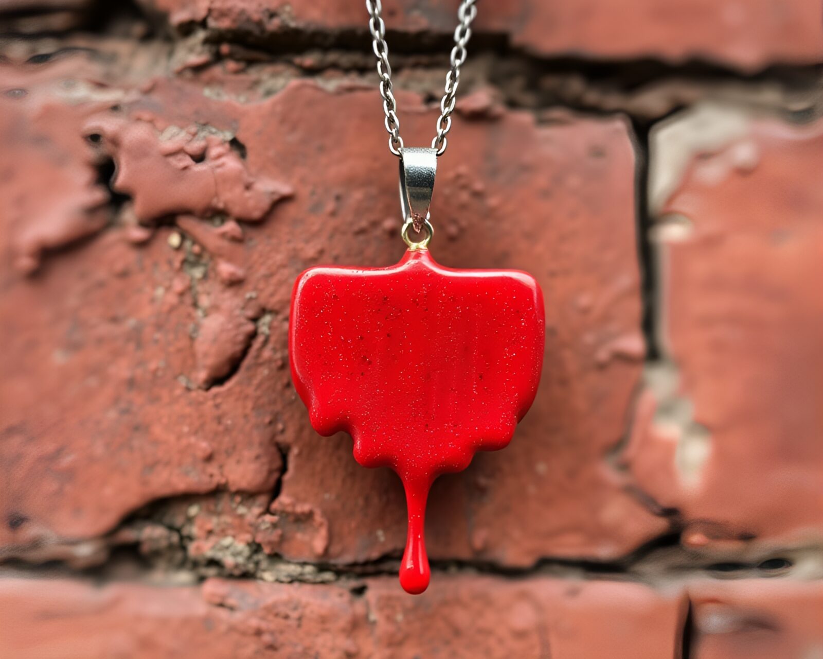 Miniature scene of spray paint drips surrounding a necklace on a brick red background