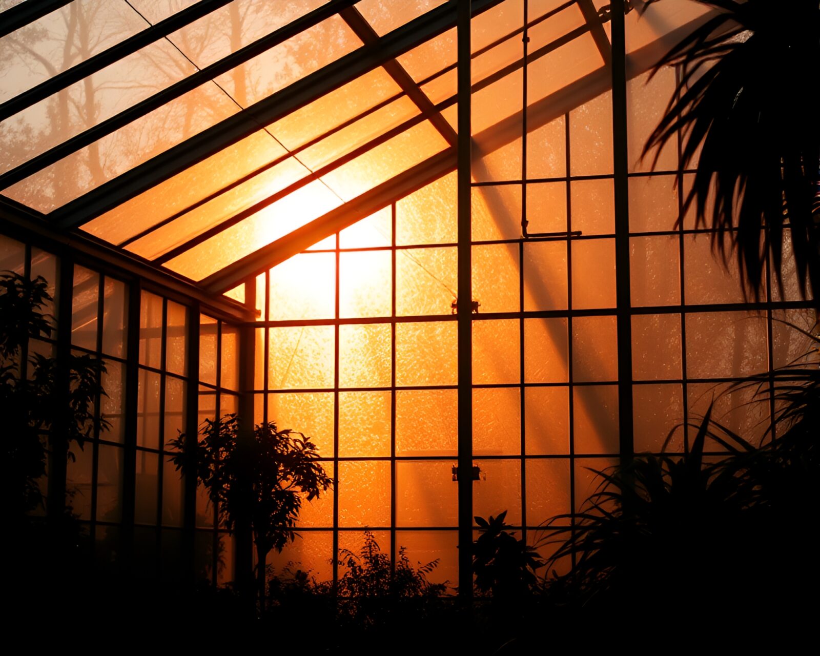 Eerie silhouette in a glowing copper glass greenhouse