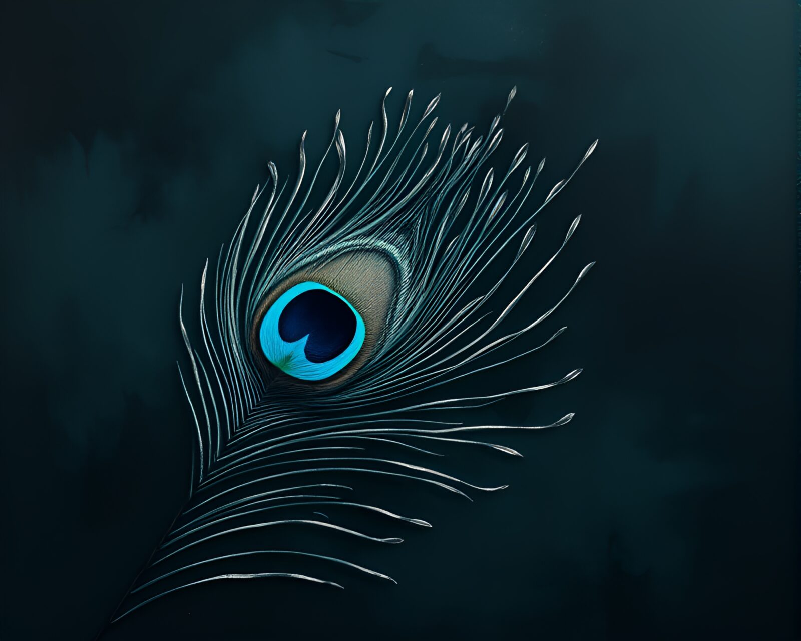 Tilted angle of a desaturated peacock feather in an expressionist style artwork