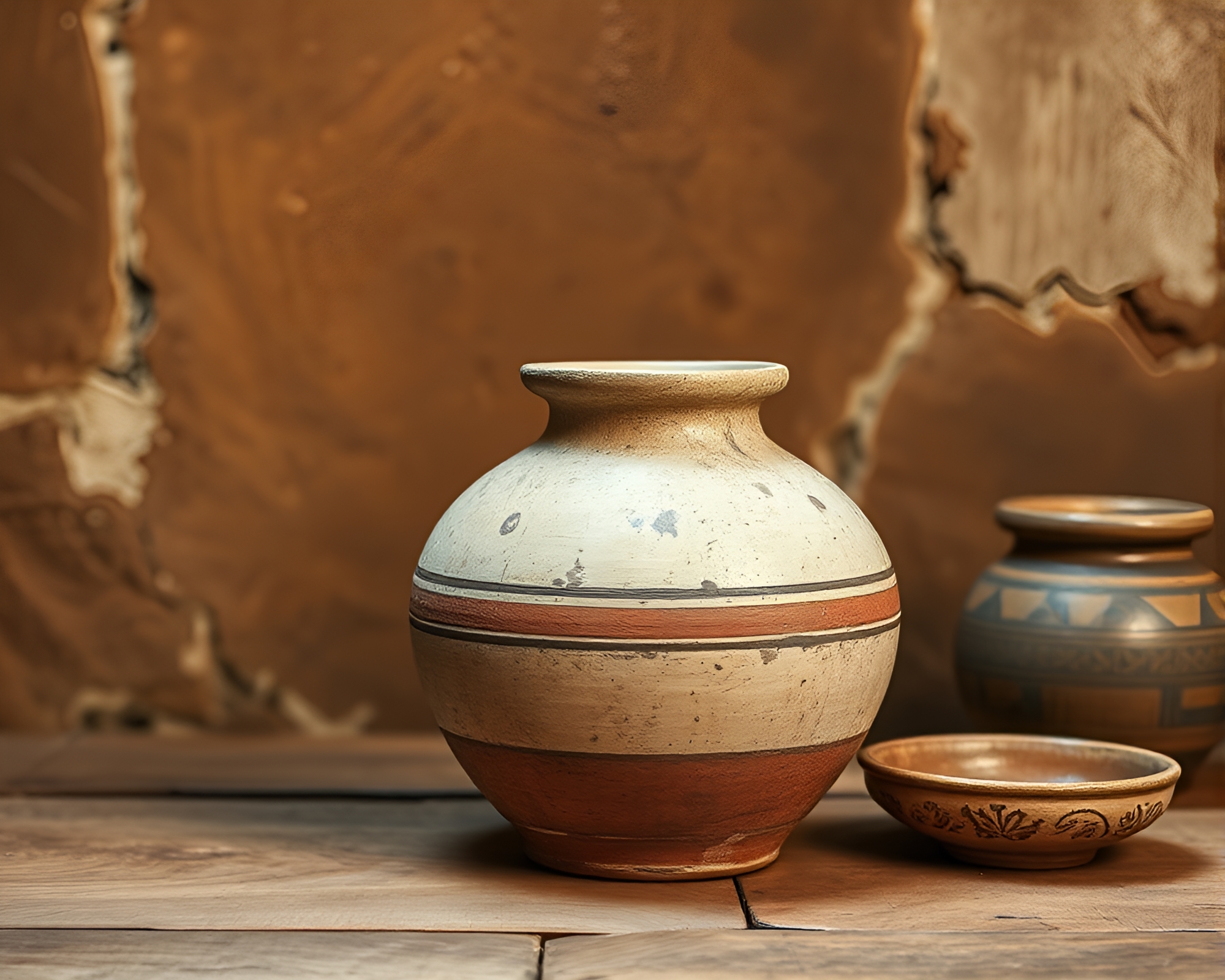 Rustic Pottery Grid Illuminated by Spotlight in Screen Print Style – free AI stock image