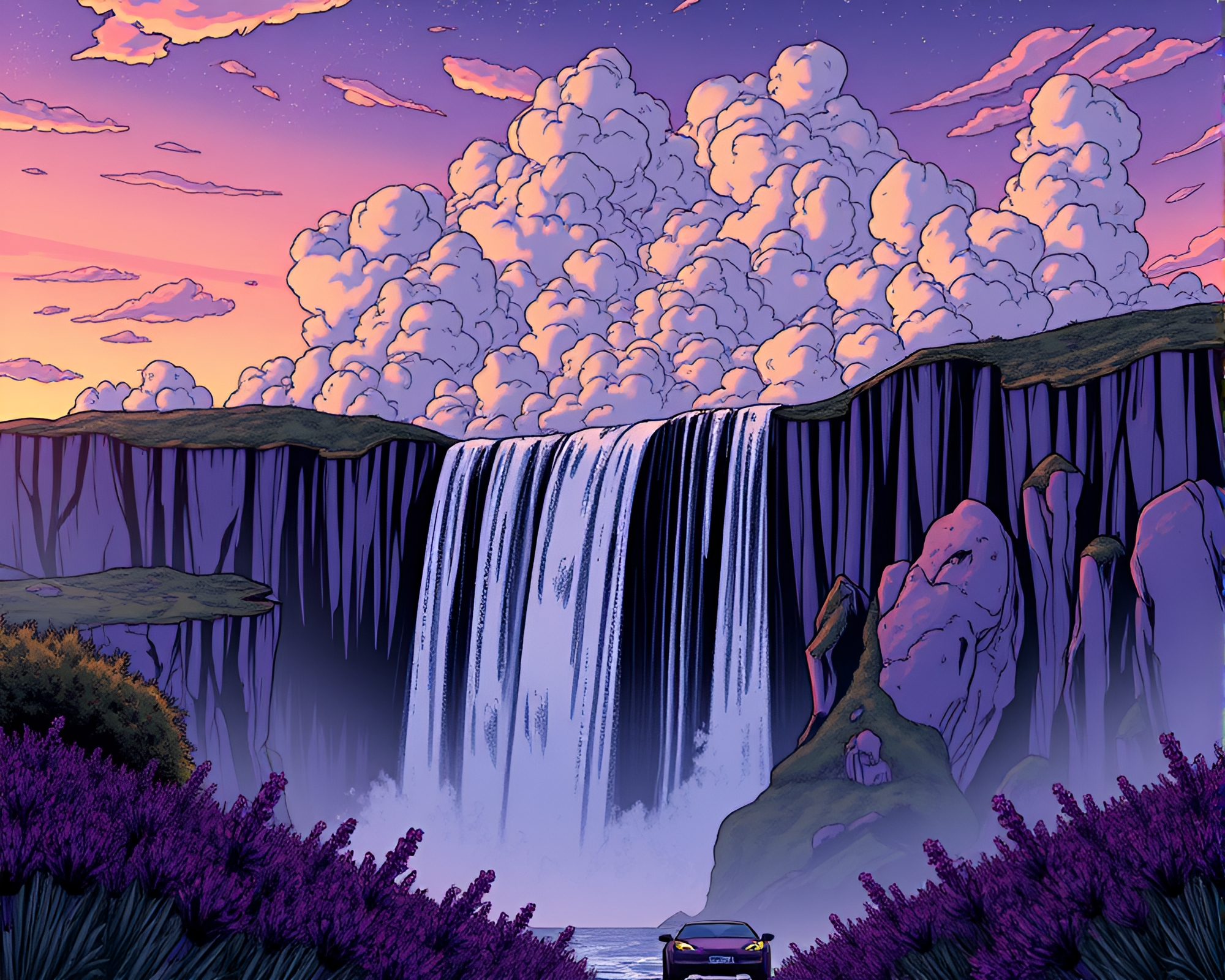 Twilight Waterfall Amidst Comic Book Cloud Formations – free AI stock image